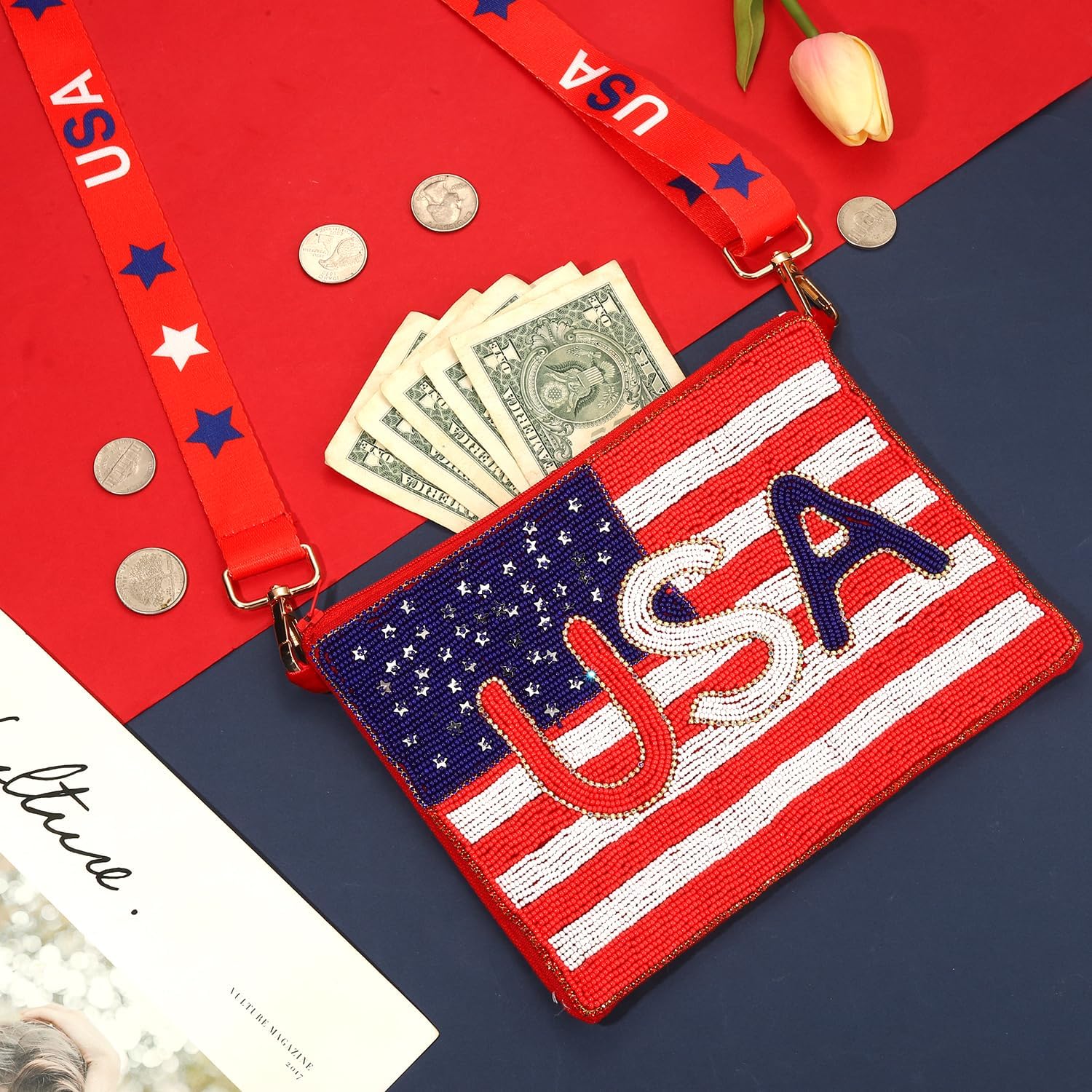 4th of July Purse for Women Sequin Beaded USA Star Purse American Flag Crossbody Shoulder Bag 4th of July Outfits