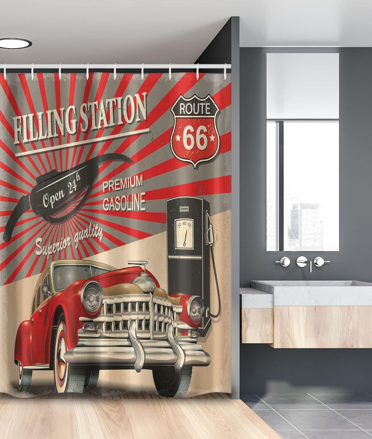 Ambesonne Cars Stall Shower Curtain, Poster Style Image Gasoline Station Commercial Element Route 66 IllustrationPrint, Fabric Bathroom Decor Set with Hooks, 54" W X 78" L, Vermilion Beige