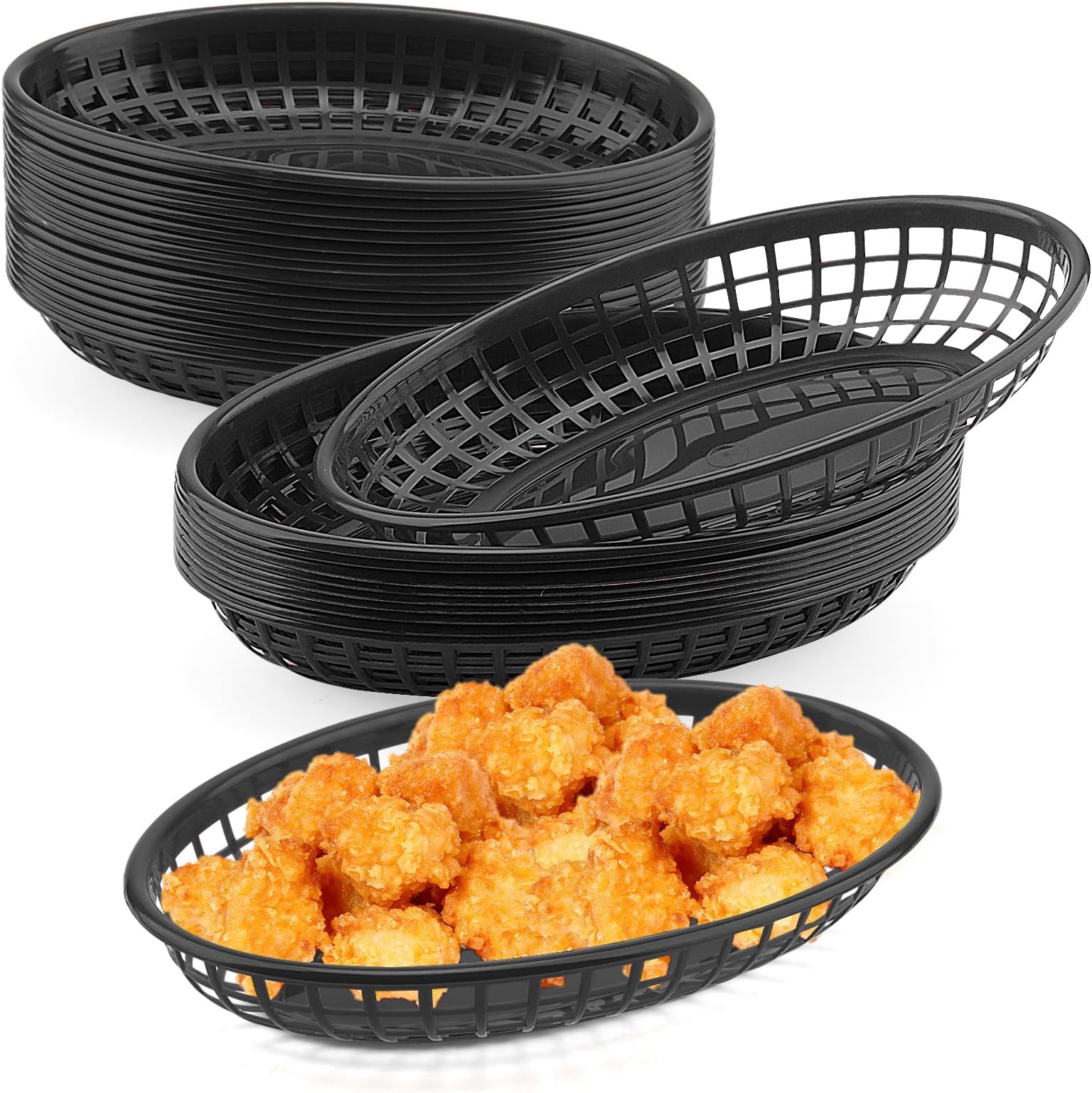 MUKCHAP 40 PCS Black Plastic Fast Food Basket, 23 x 14 x 4cm Oval Fast Food Baskets, Plastic Food Serving Baskets for Chip Sandwiches Burgers