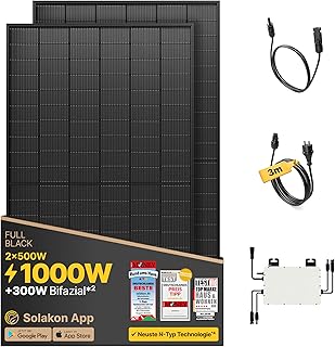 Solakon® 1000W Balkonkraftwerk - Balkonkraftwerk 800W komplett Steckdose - neuester 800 Watt Wechselrichter - Solaranlage Komplettset - 500W bifaziale Solarmodule inkl. Zubehör - 3m Kabel