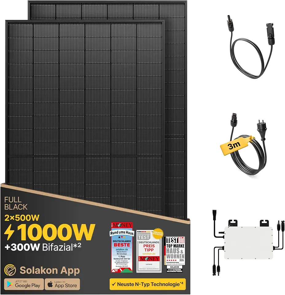 Solakon® 1000W Balkonkraftwerk - Balkonkraftwerk 800W komplett Steckdose - neuester 800 Watt Wechselrichter - Solaranlage Komplettset - 500W bifaziale Solarmodule inkl. Zubehör - 3m Kabel