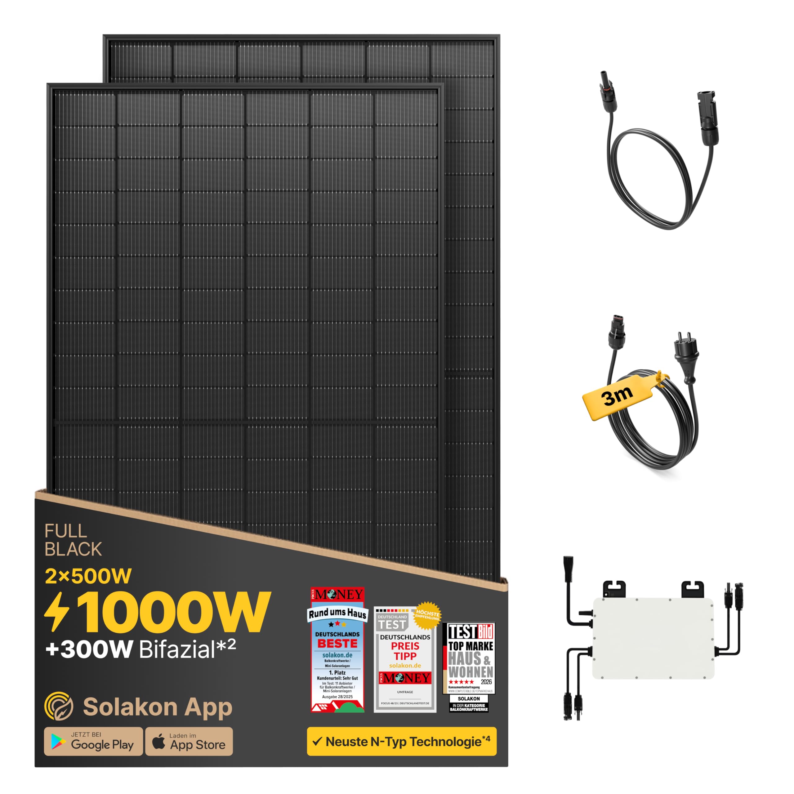 Solakon 1000W Balkonkraftwerk 800W Wechselrichter Solaranlage Komplettset 500W bifaziale Solarmodule 3m Kabel