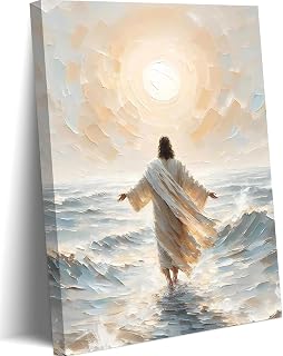Yudinbin Jesus Christian Wall Art, Walks on Water Canvas Paintings Prints Posters Wall Decor, Jesus Wall Art Christ Religious Decor for Living Room Bedroom Church Home Decorations Framed12x16in