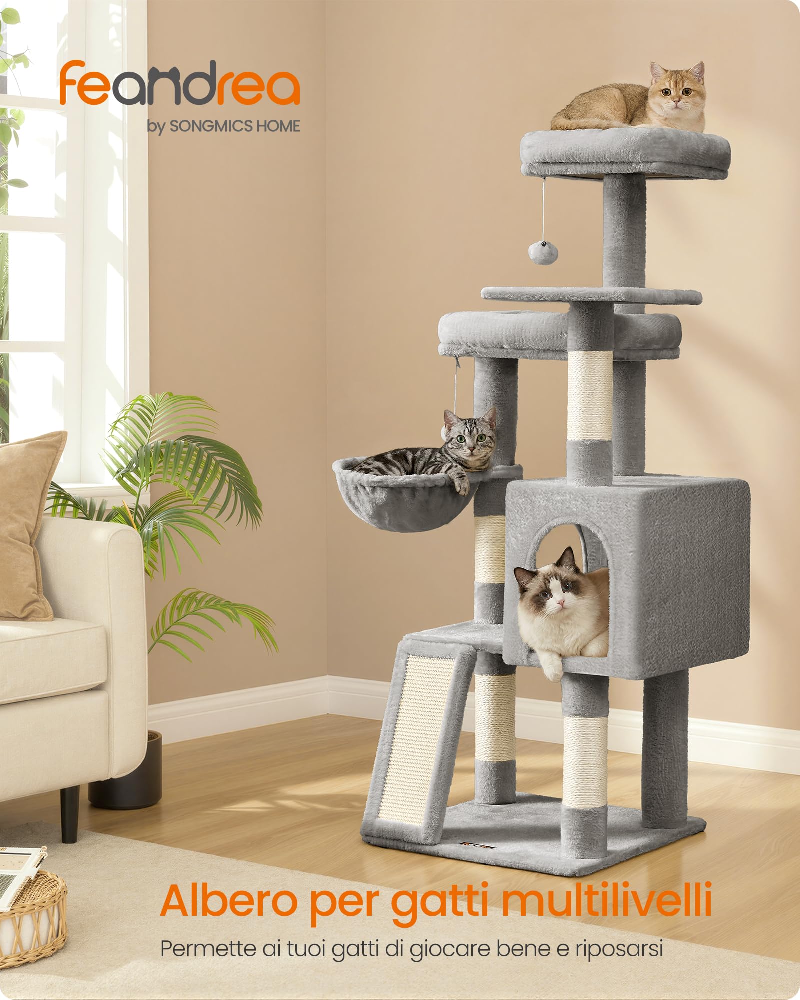 Feandrea Albero Tiragraffi, Torre per Gatti con Pali e Rampa Graffiatoio, 3 Grandi Piattaforme, 1 Cuccia, 1 Cestino, 2 Pompon, Altezza 136 cm, Grigio Tortora PCT012GD01