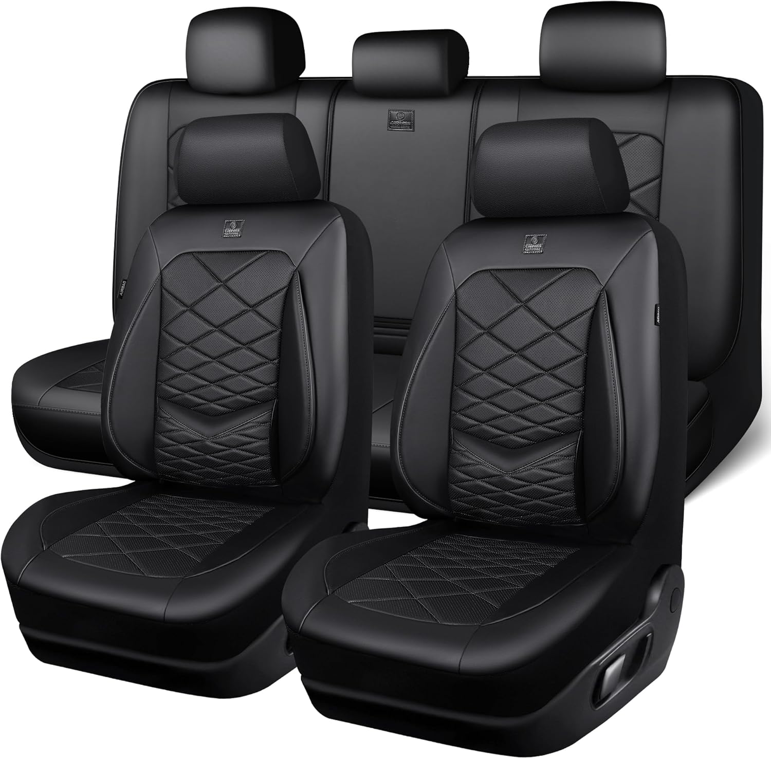 CAR PASS Luxury Nappa Leather Seat Covers Full Set, Water Resistant Faux Leather Seat Covers with Lumbar Support, Comfortable Automotive Seat Covers Universal Fit for SUV Sedan Van Truck, Solid Black