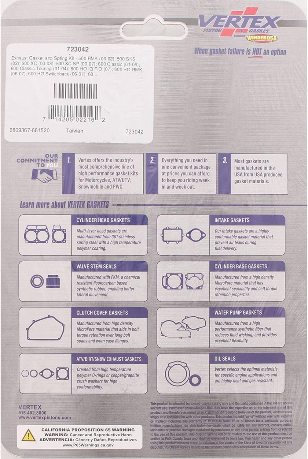 Vertex Gasket 723042 Exhaust Gasket Kit Compatible with/Replacement for Polaris 500 RMK 2000-2002, 500 SKS/SKS Euro 2002, 500 XC 2000-2003, 500 XC SP 2000-2007, 500/600 XC SP 2004-2005, 600 Classic