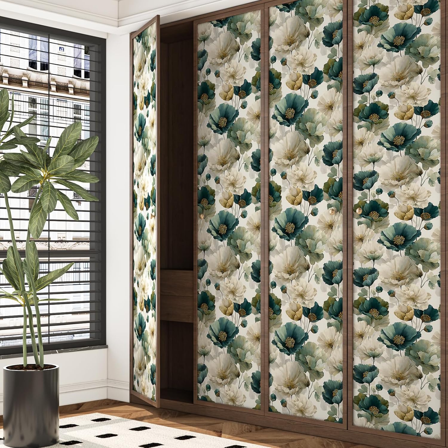 Extra Long Boho Green Floral Wallpaper, 17.5In x 393In Vintage Lotus Teal White Petal Botanical Design Waterproof Self-Adhesive Wall Paper for Bedroom Power Room Removable Vinyl Contact Paper
