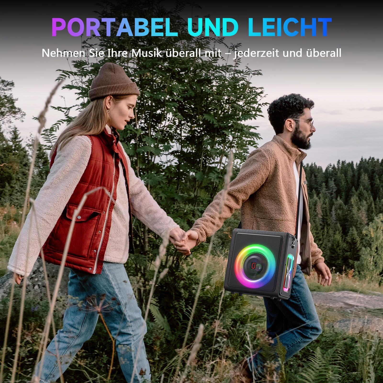 HWWR Karaoke maschine, Tragbarer Bluetooth 5.3 Lautsprecher, Karaoke Anlage mit 3 mikrofonen, 300W Vintage Leder PA Anlage mit Tonhöhenkorrektur, Unterstützung für TV/TWS/TF-Karte/USB/AUX/Live (3MICS)