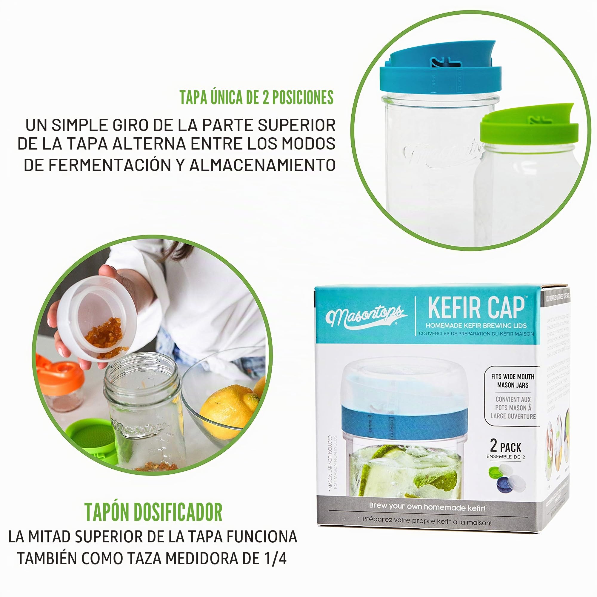 Masontops - Tapa de kefir - Tapas de tarro de albañil de gran apertura - Escurridor de granos de cultivo vivo - Kit de principiante para fermentación en casa - 2 lotes