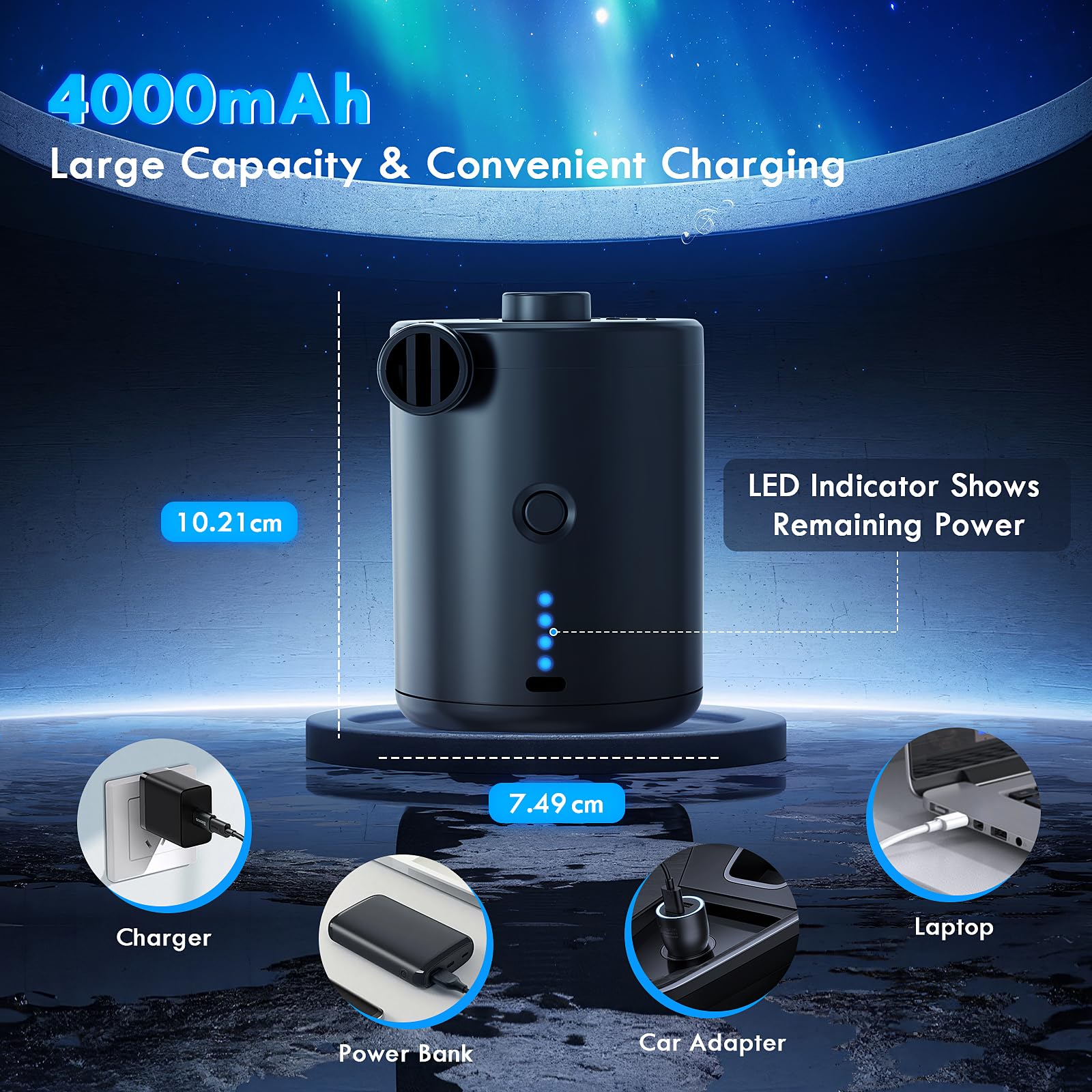 Pompa d'aria elettrica portatile da 4000mAh con luce LED per il gonfiaggio/sgonfiaggio rapido di materassi pneumatici da campeggio, piscine gonfiabili, sacchi a vuoto e accessori
