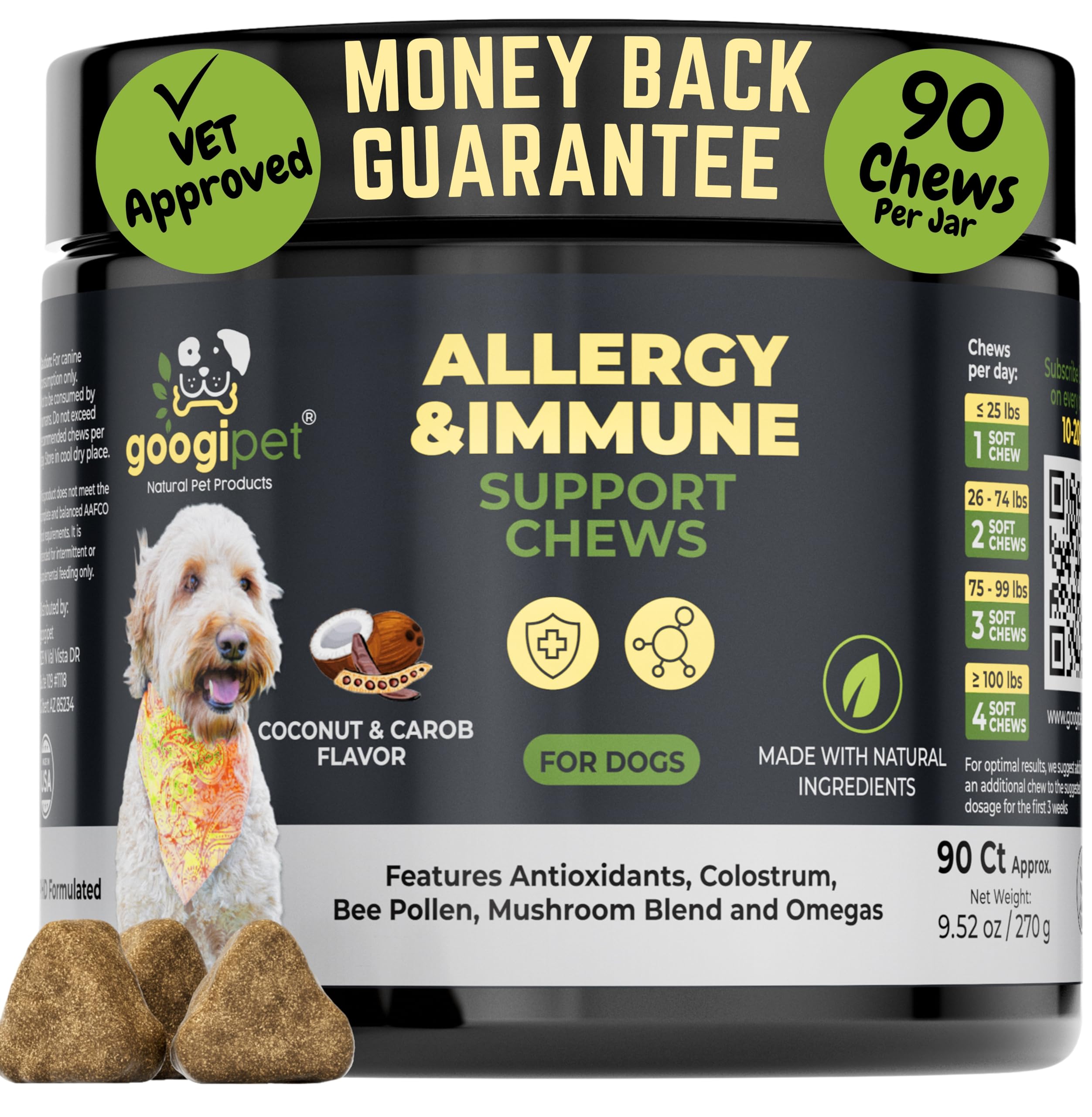 Googipet Dog Allergy Chews, Seasonal Dog Allergy Relief & Itchy Skin Relief, Skin & Coat Supplement +Bee Pollen, Colostrum, Coconut Oil, Probiotics, & Omega 3 Fish Oil for Dogs