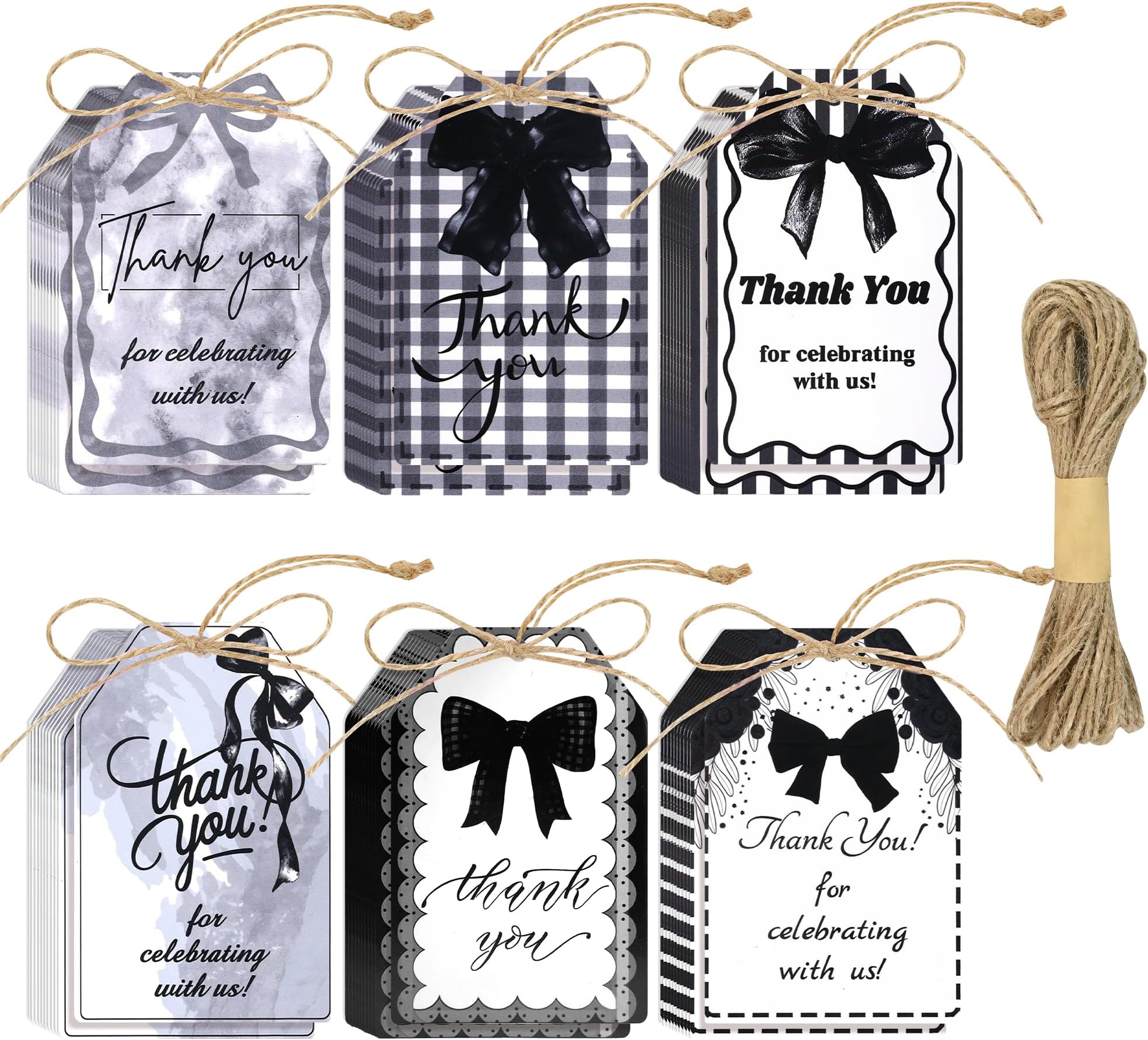 Black Bow Thank You Tags 60Pcs Coquette Bowknot Paper Gift Tags with Hemp Rope Bow Themed Hanging Labels for Birthday Wedding Bridal Baby Shower Bachelor Party DIY Craft, 6 Styles