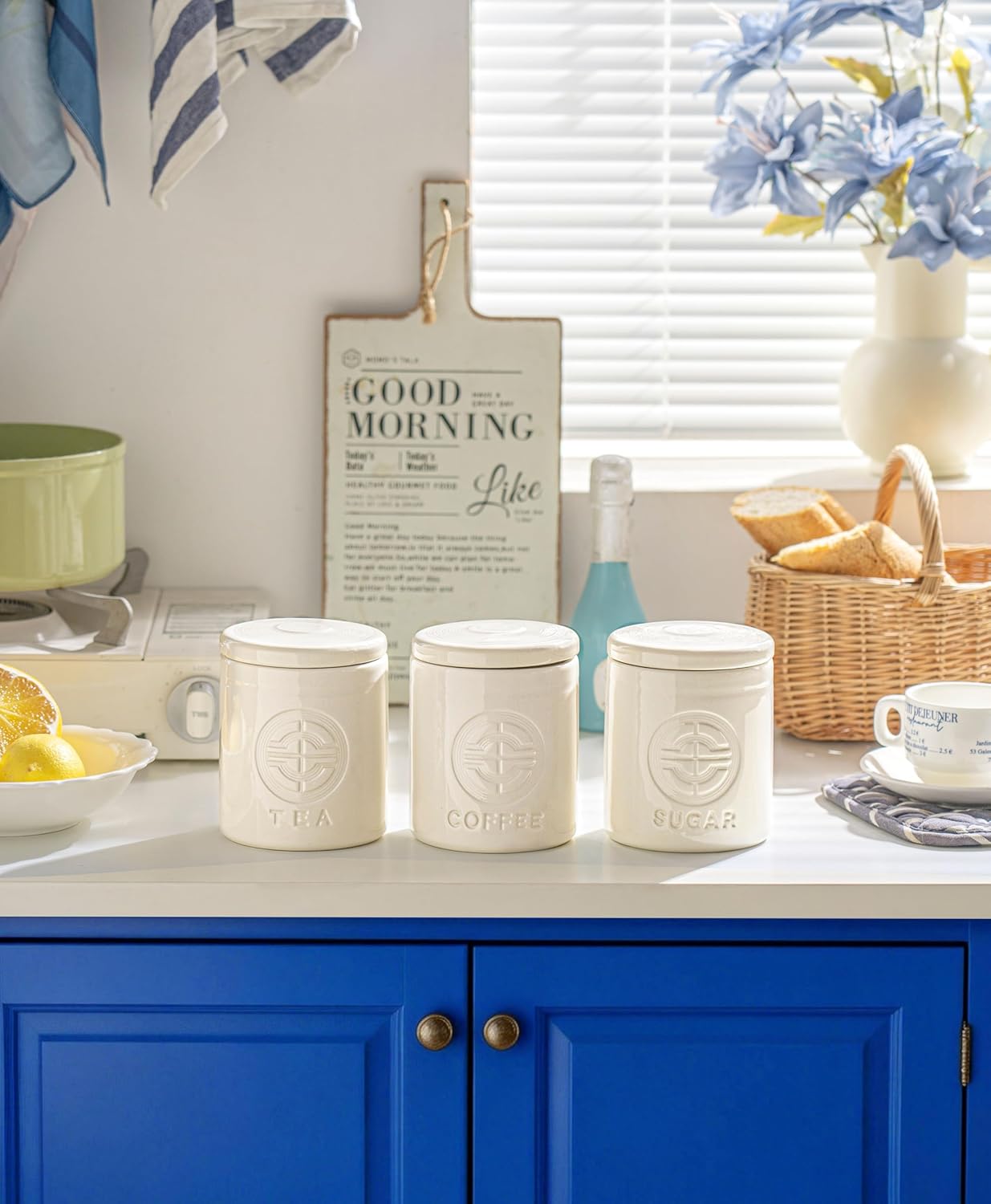 Subtle Gyre Ceramic Canisters Sets For The Kitchen Canisters For Countertop Set of 3 Airtight Coffee Canisters For Ground Coffee Sugar Container Tea Storage Jars With Lid