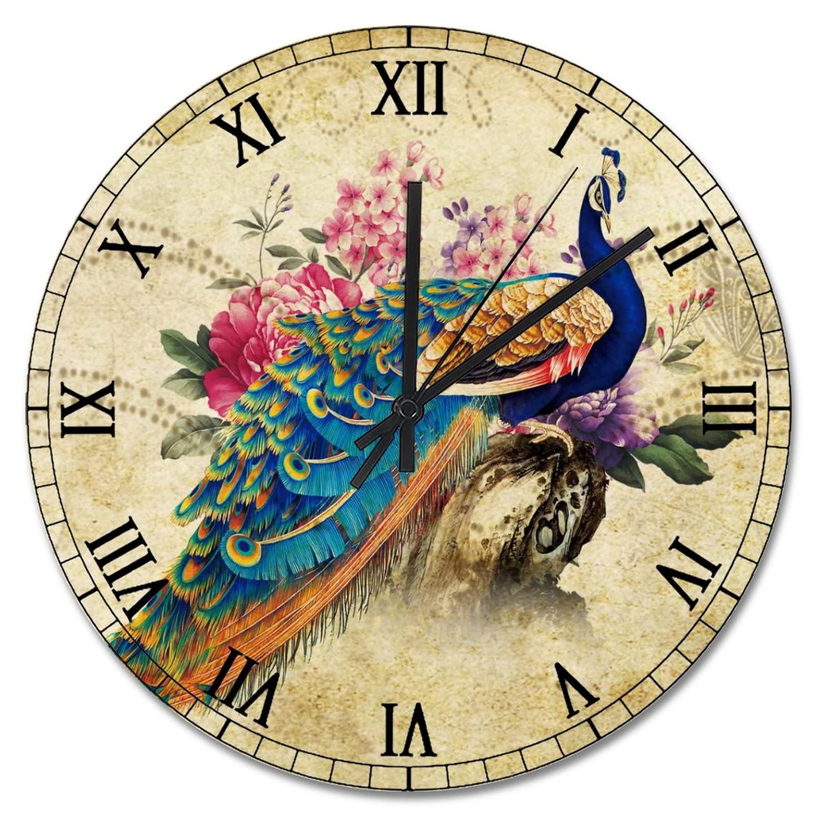 Horloge murale vintage paon en bois turquoise de 38cm