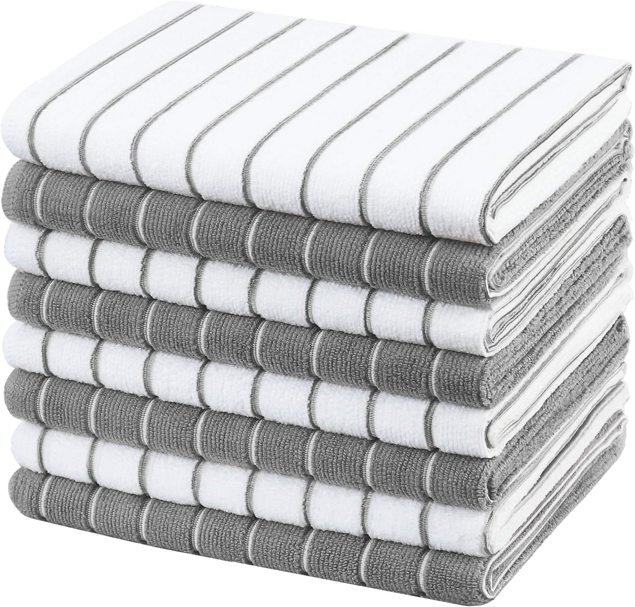 Microfiber Kitchen Towels, Stripe Designed, Soft and Super Absorbent Dish Towels, Pack of 8, 18 x 26 Inch, Gray and White