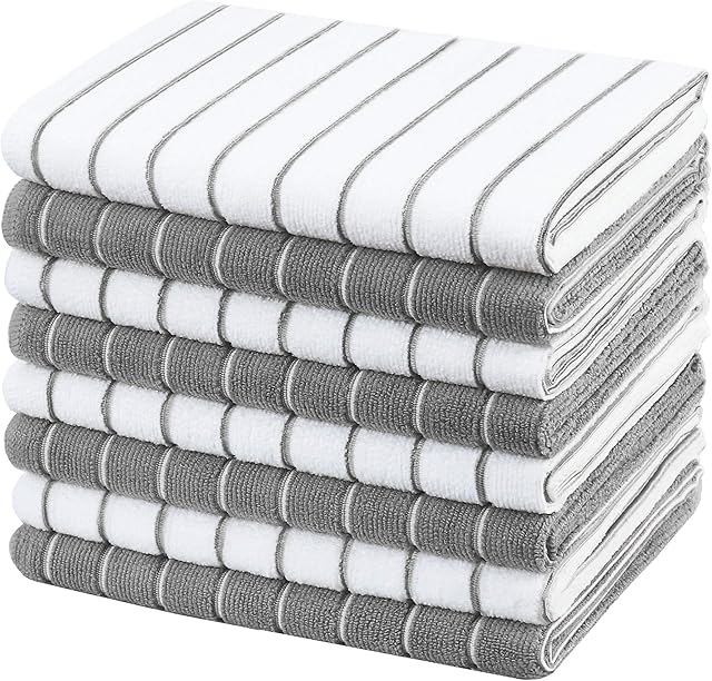 gryeer Microfibre Tea Towels - Pack of 8 (Stripe Designed Grey and White Colours) - Soft, Super Absorbent and Lint Free Kitchen Towels, 45 x 65 cm