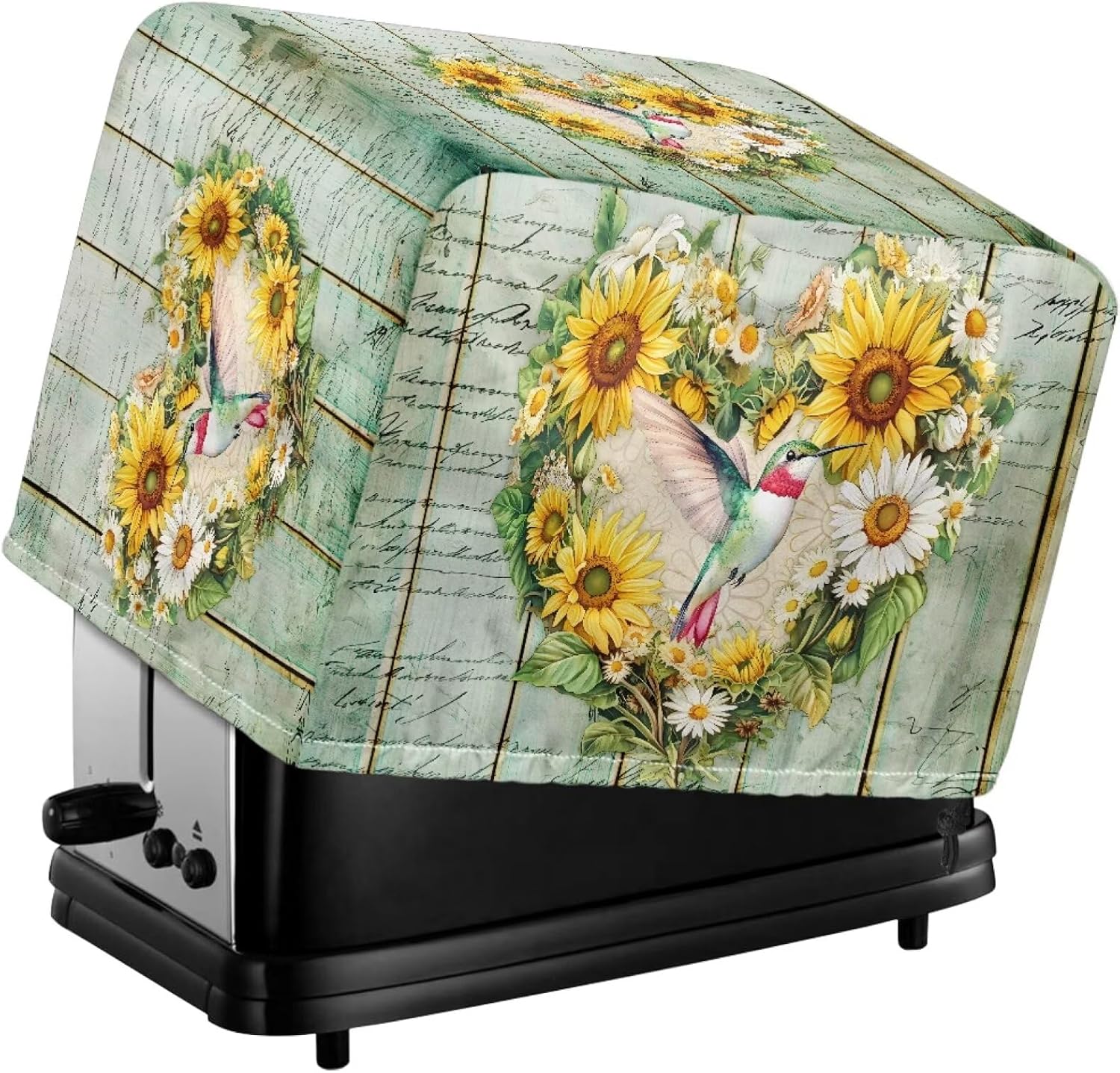 Vintage Wooden Sunflower Print Toaster Covers 4 Slice Green, Hummingbird Bread Machine Dust Protection Washable, Stain Resistant Bread Maker Dustproof Cover (12.4" x 10.63" x 8.27")