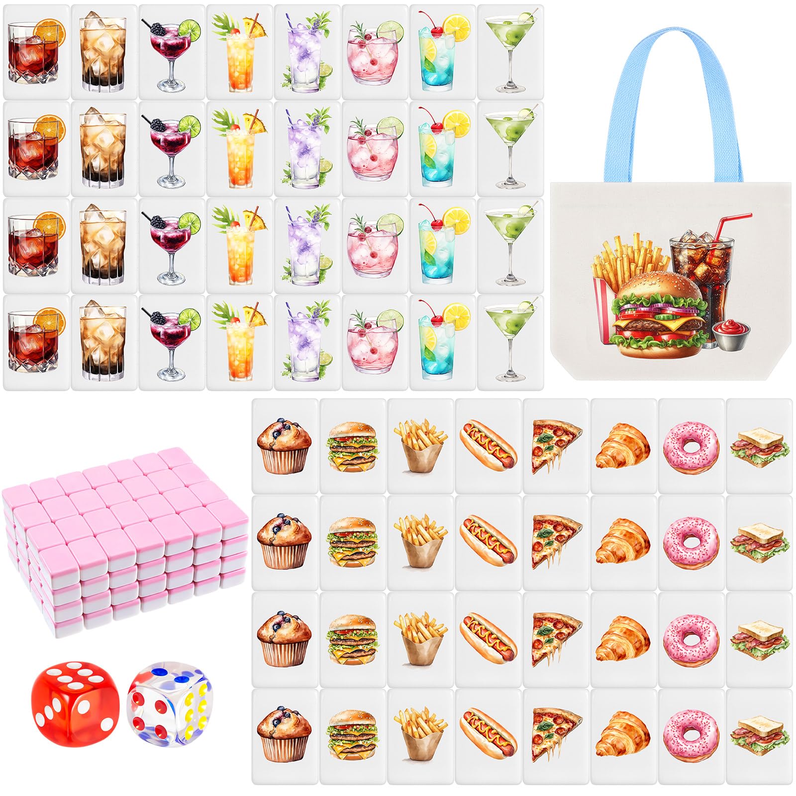 Hollowfly Juego de 65 bloques de mahjong de 30 mm con bolsas de almacenamiento para 2 jugadores, juego de mahjong, patrón de comida y bebida, no requiere bricolaje para amigos, familiares, juegos