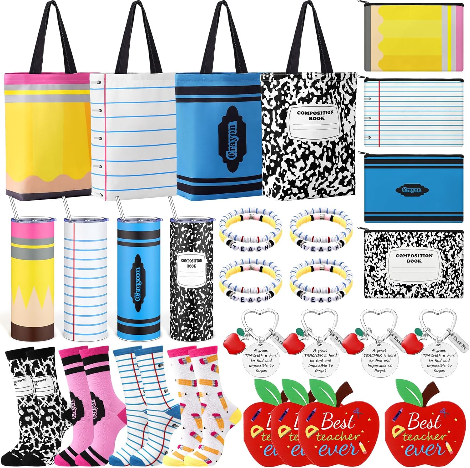 Sieral 32 Pcs Teacher Appreciation Gifts Bulk for Women End of Year Graduation Thank You Gifts for Teachers Set of 4 Tote Bag Cosmetic Bag 20oz Tumbler Socks Bracelet Keychain Card