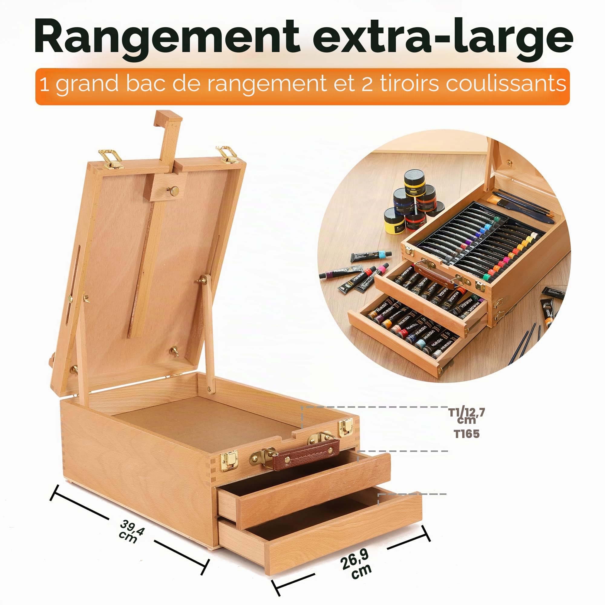 VISWIN Grande Boîte de Chevalet de Table Avec 3 Tiroirs, Boîte de Rangement Portable en Bois de Hêtre Pour Toile de Peinture, Fournitures d'Art, Adultes, débutants, Artistes