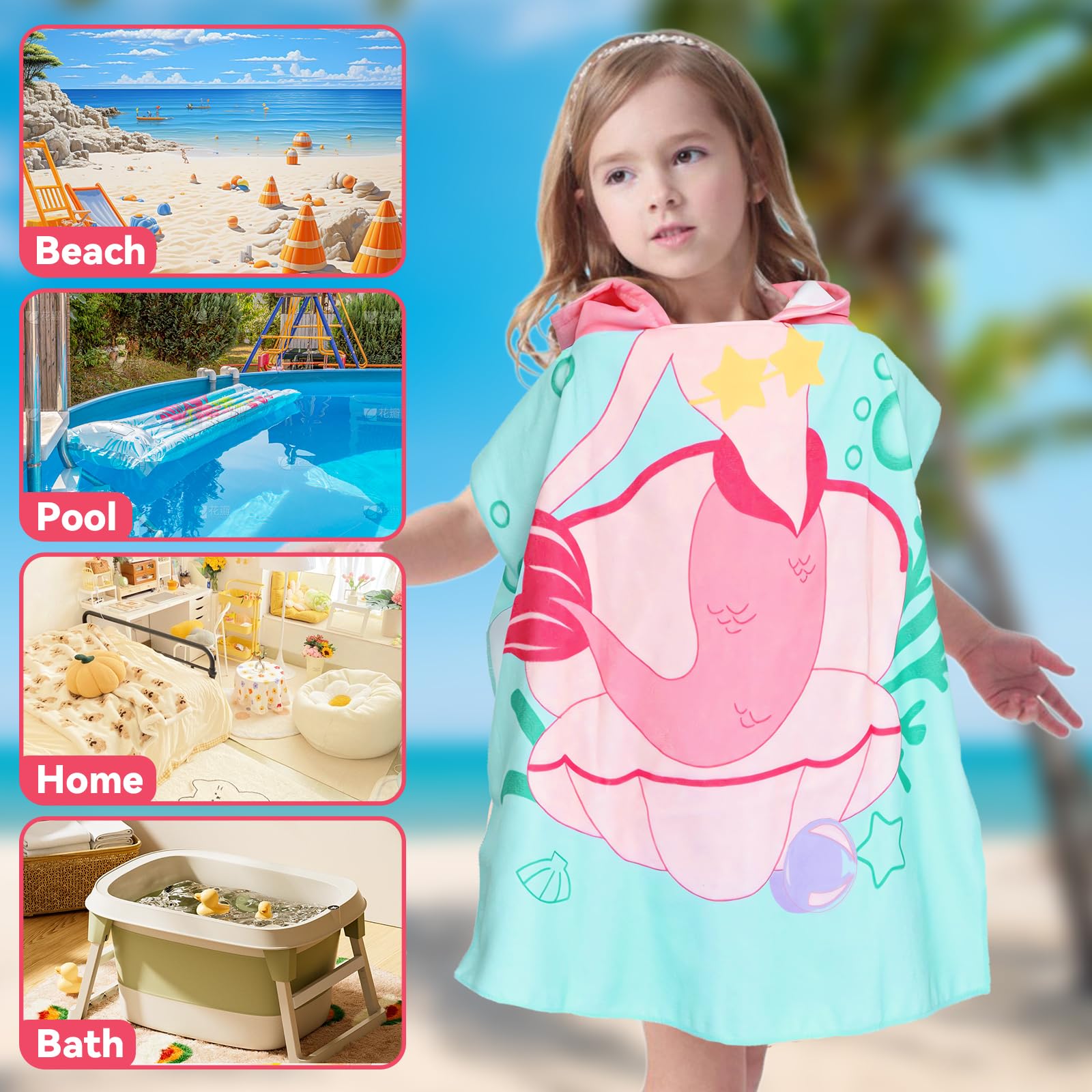 Chickw11 Asciugamano Poncho Bambino, Cartone Animato Kids Accappatoio Microfibra Asciugatura da Bagno con Cappuccio Asciugatura Rapida per Spiaggia Bagno (60 * 80cm,Alfabeto Inglese