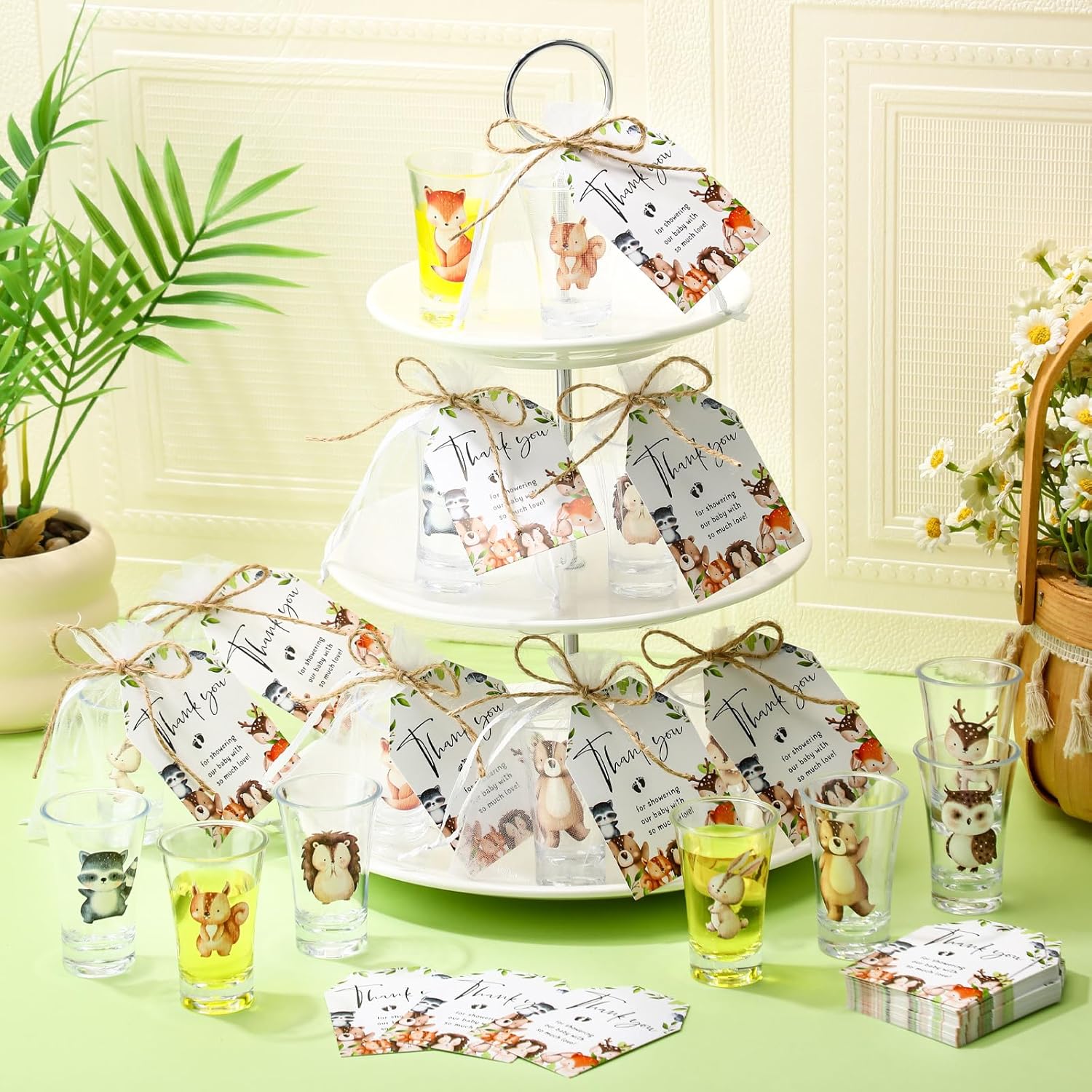 Pickmesh 50 Sets Baby Shower Shot Glasses for Guests Include Acrylic Clear Shot Glasses Thank You Cards Organza Bags Babies Shower Gifts for Gender Reveal Party Supplies (Woodland Theme)