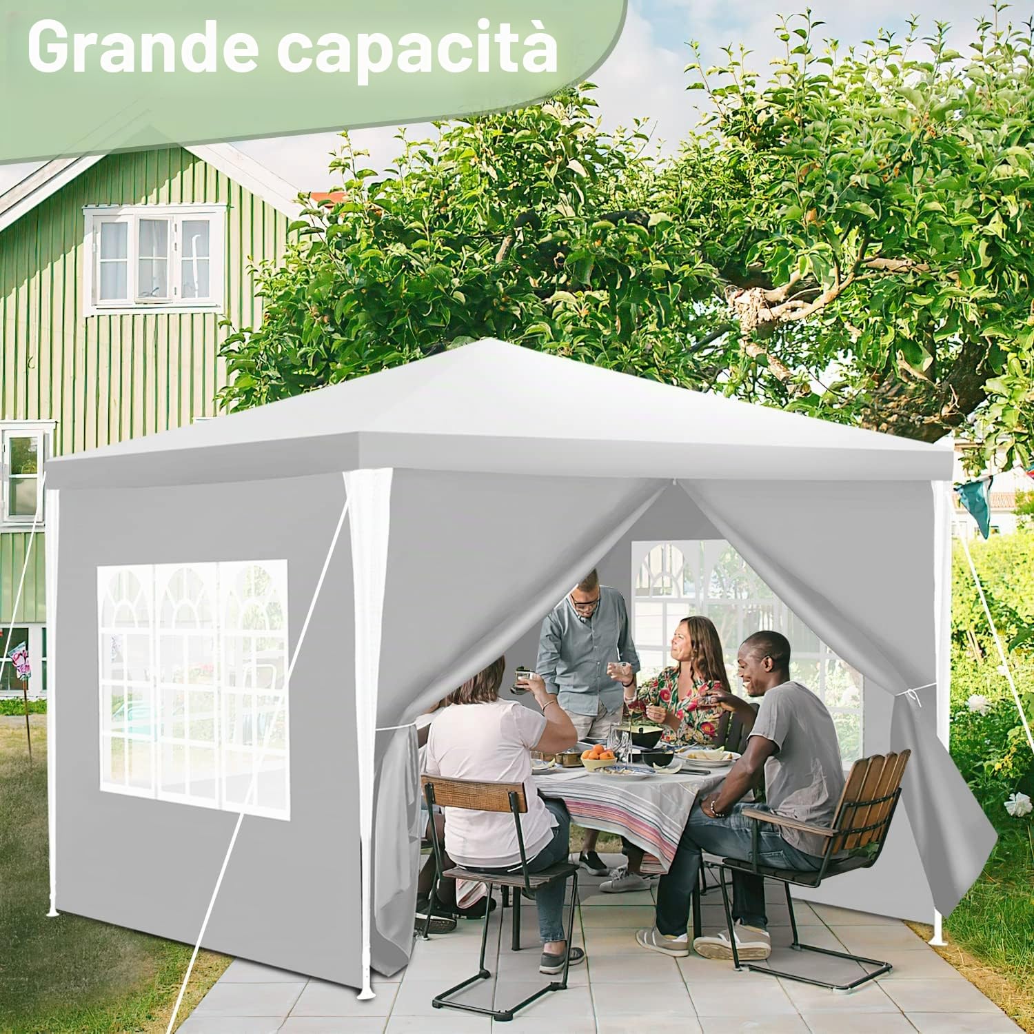 Gazebo da giardino, 3 x 3 m, impermeabile, resistente ai raggi UV, 100 g/m², in polietilene di alta qualità, con 4 pannelli laterali, colore bianco