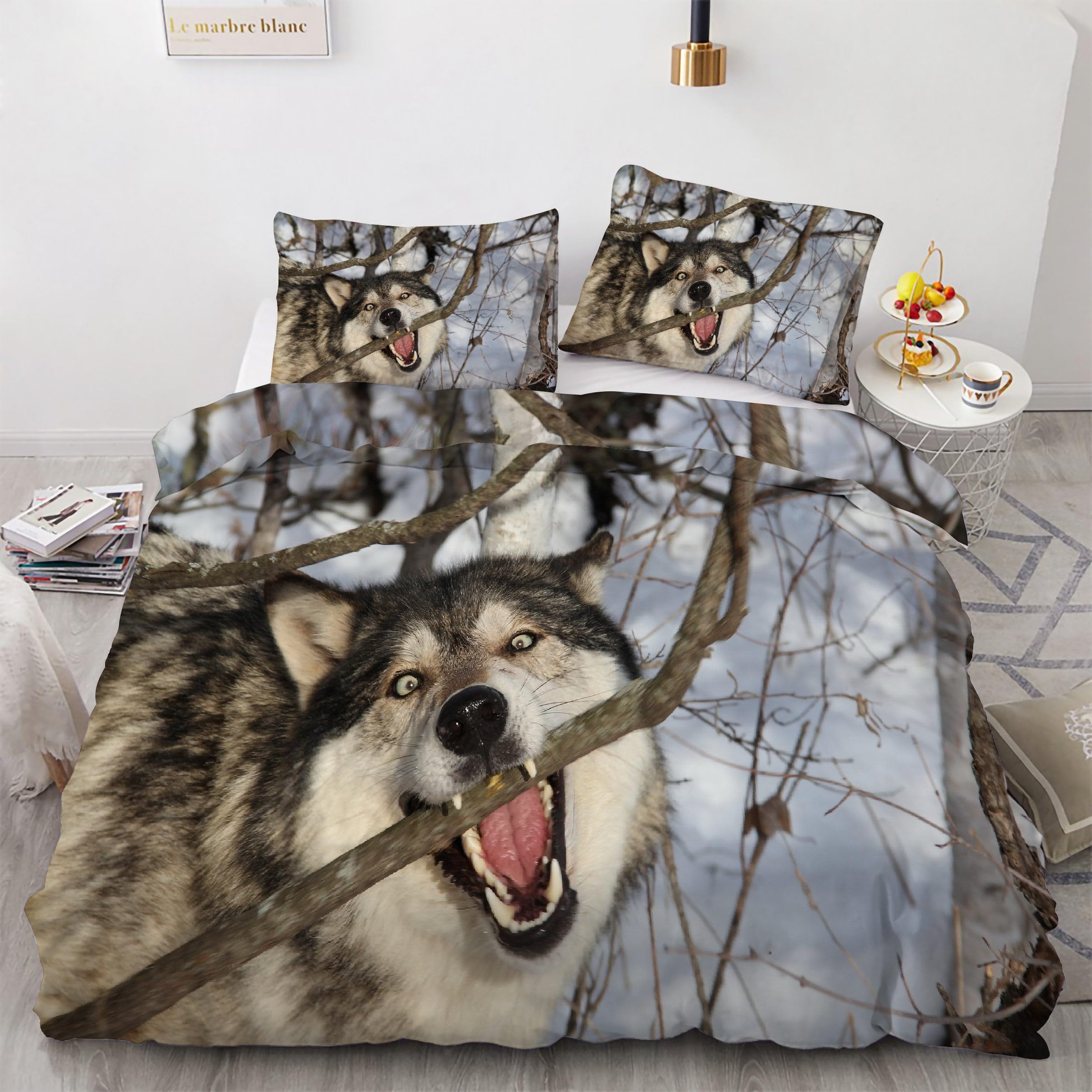 Parure de lit loups 200x200 neige avec housse de couette 3 pièces en microfibre zippée grise