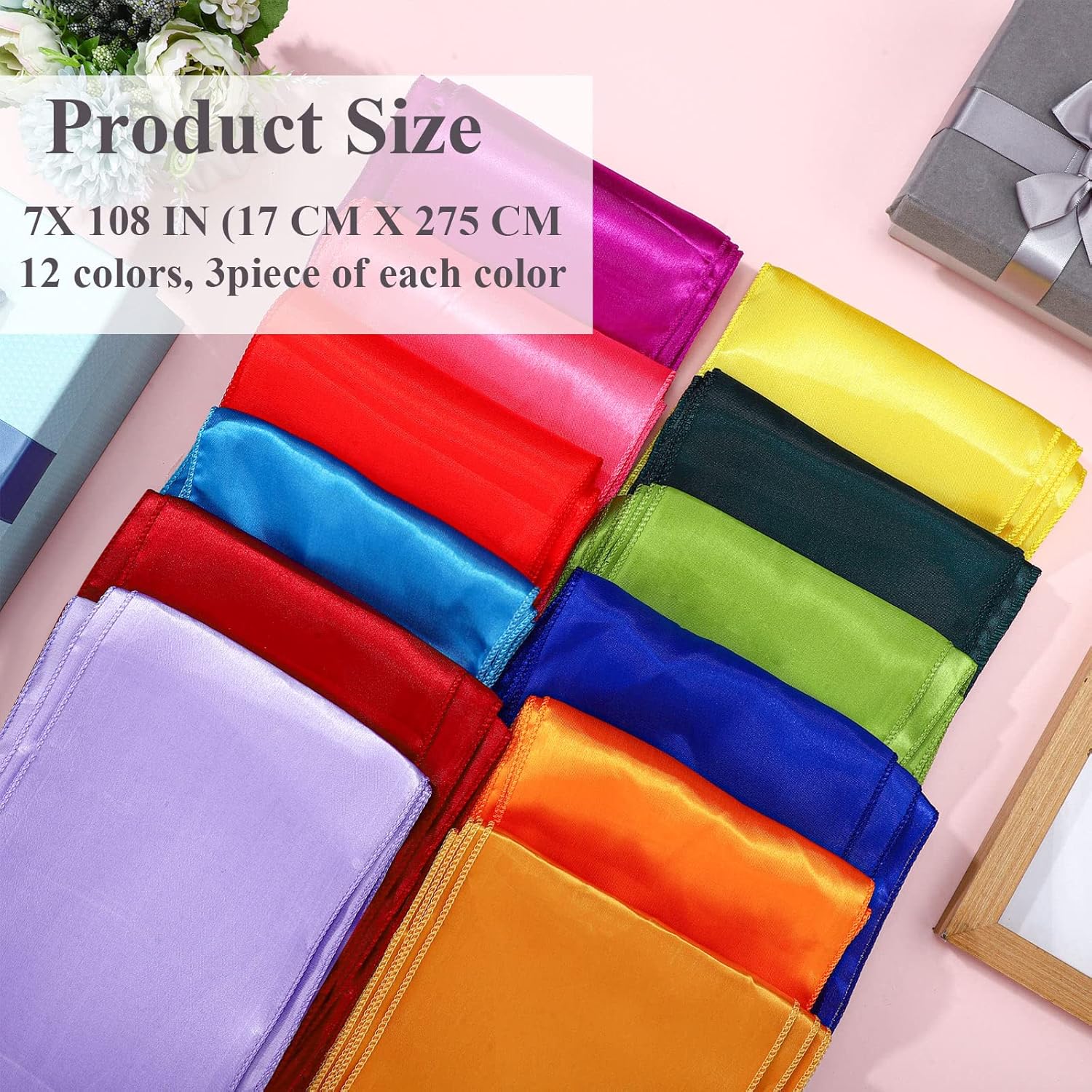 Newwiee 36 Pcs Satin Chair Sashes Bows Assorted Color Elegant Ribbons Ties Back Sash for Wedding Party Banquet Event Chair Cover Decoration, 7 x 108 Inches