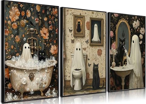 Best Halloween-Themed Dorm Decor Compared 7 PPV 3Pcs Halloween Ghosts Wall Art Set - Horror Ghost and Black Cat Bathroom Decor