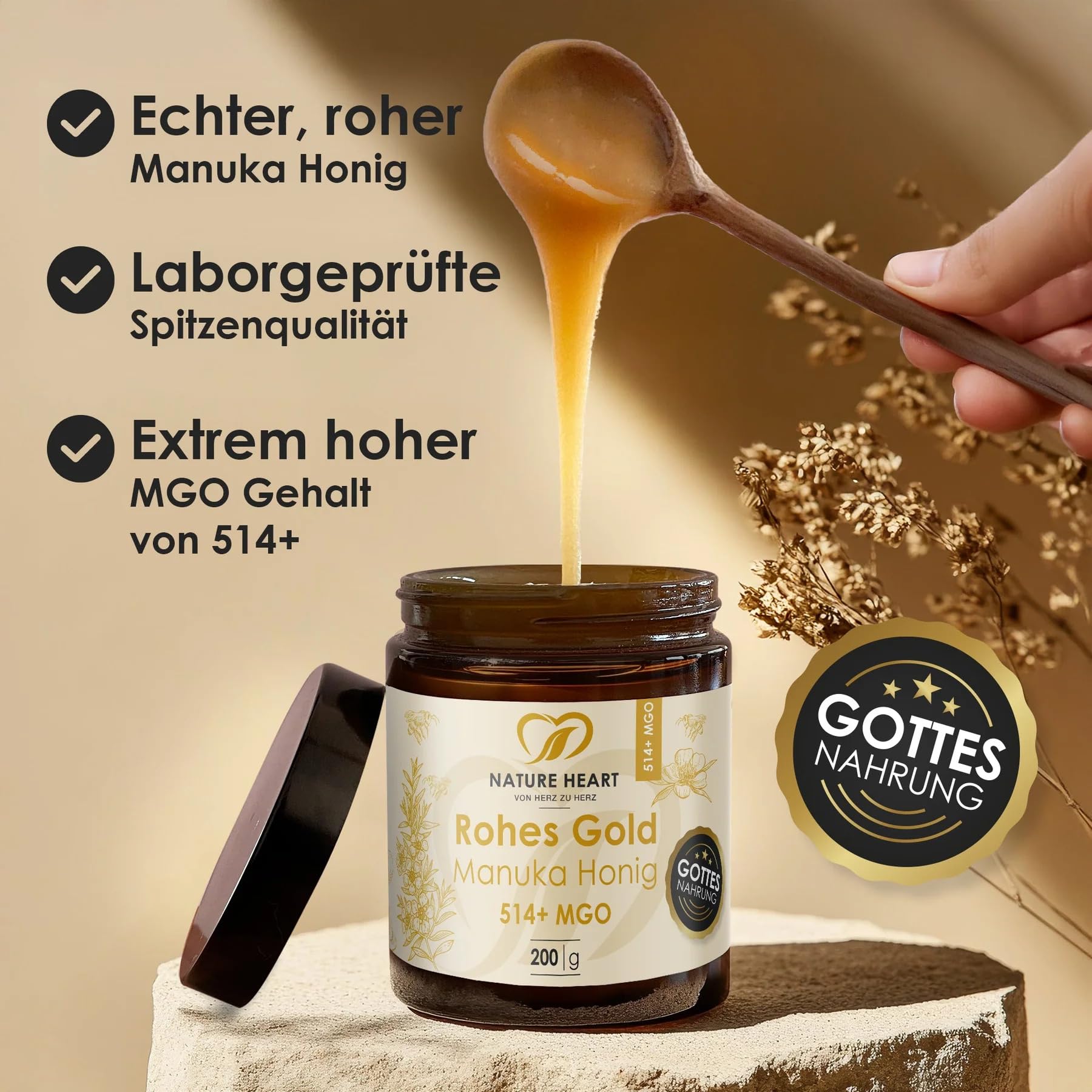 Nature Heart 3x Manuka Honig MGO 514+ | 100% Neuseeland | Roher Manuka Honig | 100% rein ohne Zusatzstoffe | Unabhängig geprüft | Abgefüllt in Deutschland