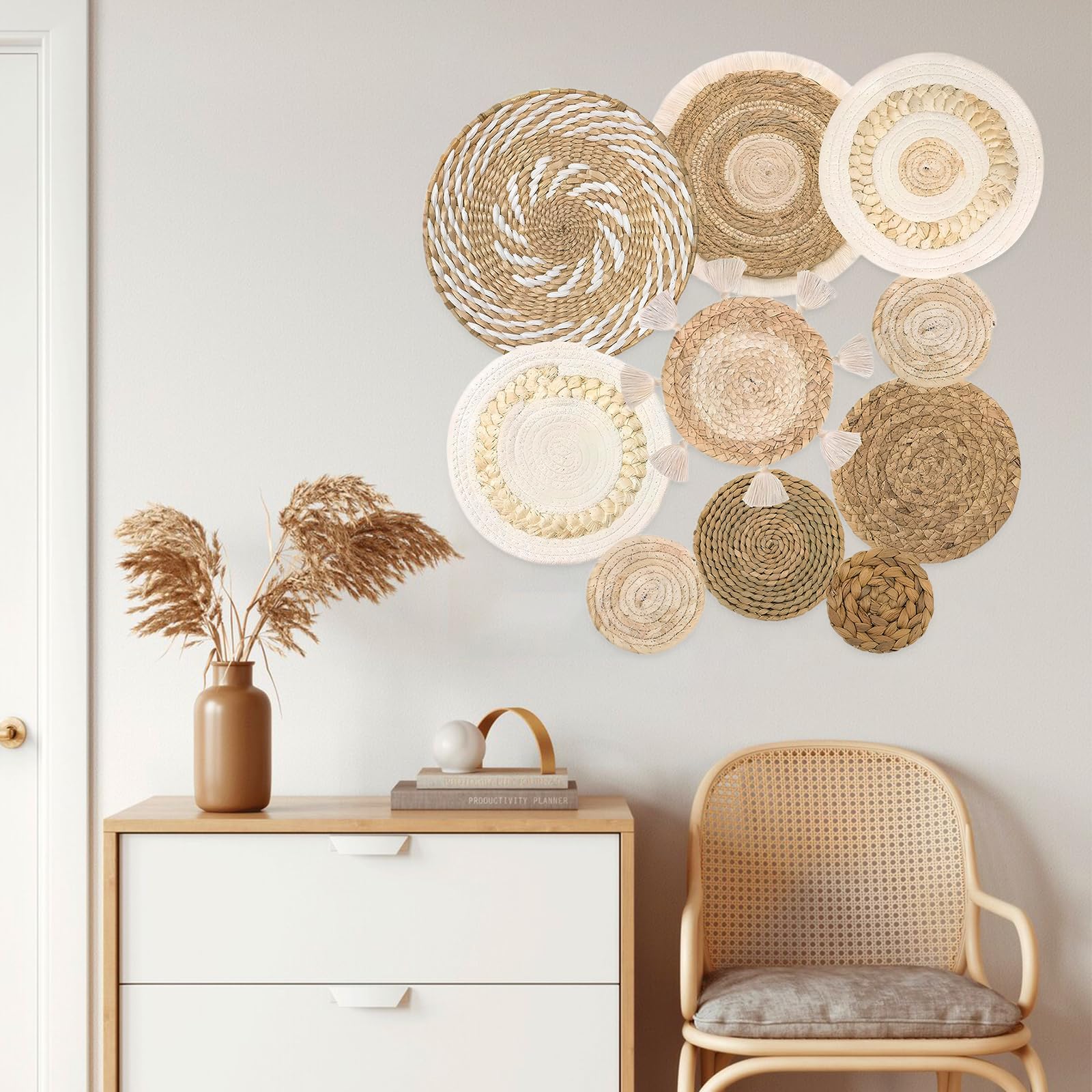 7 Cesti Da Parete Rotondi In Tessuto Intrecciato – Stile Boho – Set Di 5 Dimensioni Per Cameretta, Soggiorno, Camera Da Letto
