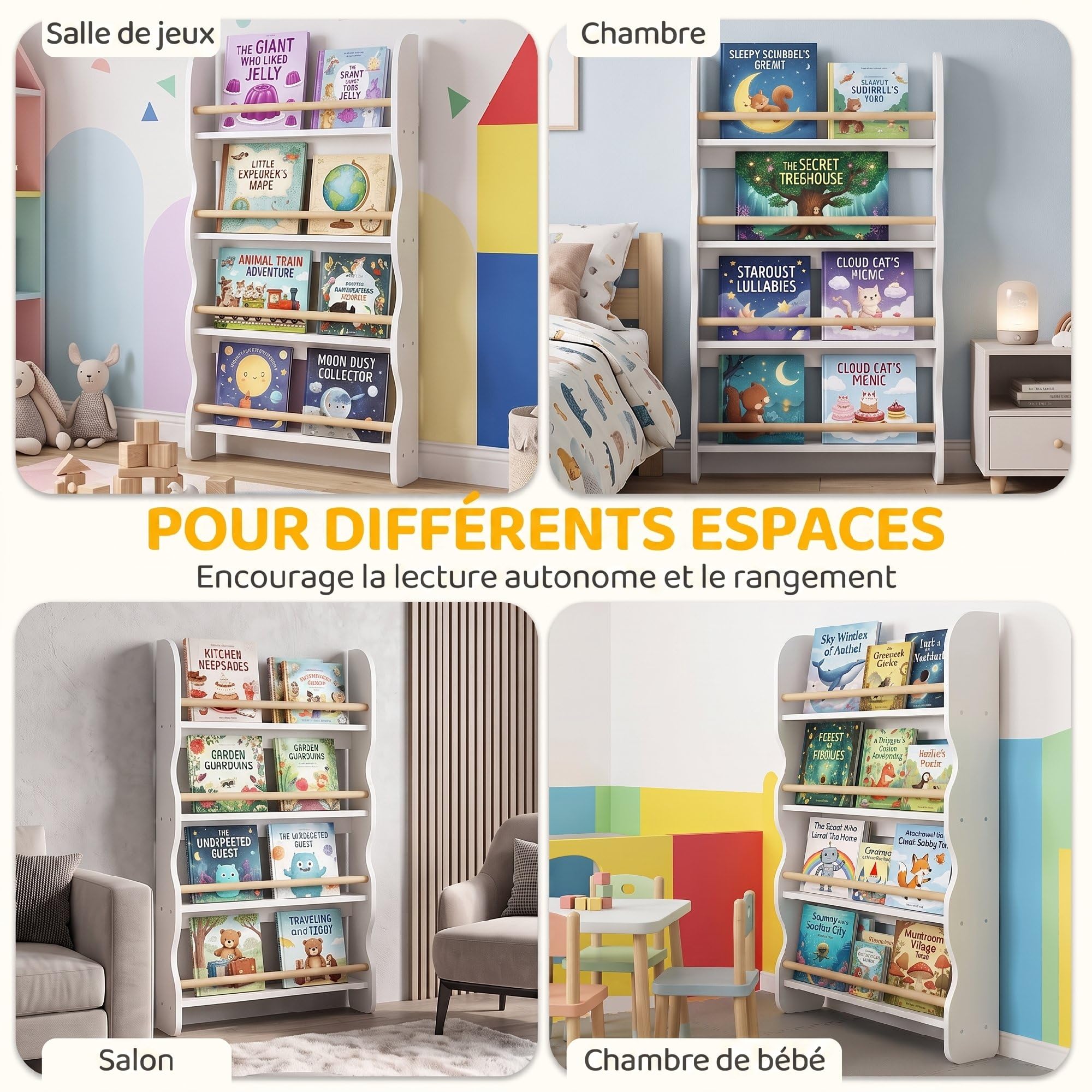 AIYAPLAY Bibliothèque Murale pour Enfant,Rangement Livre 4 Niveaux, Blanc