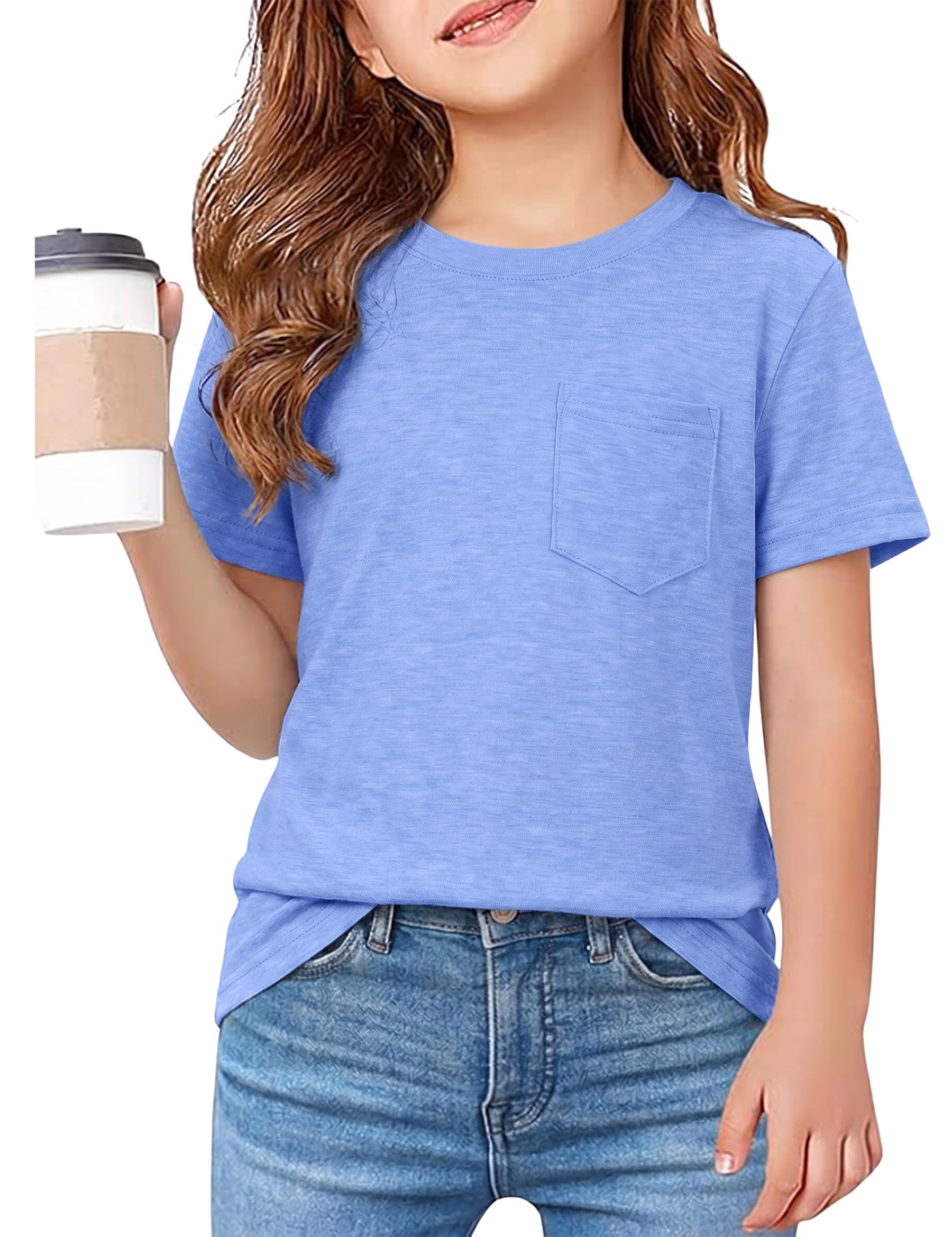 Leversic T-Shirt Mädchen Sommer Kurzarm Basic Tops Einfarbiges Rundhals Kinder Sport Mit Taschen Tshirt für Mädchen 6-15 Jahre