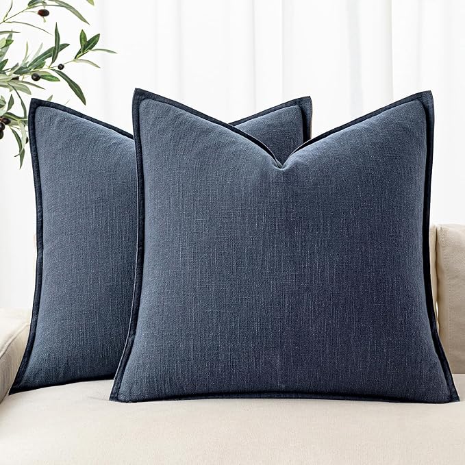 MIULEE Decorative Linen Pillow Covers 18x18 Inch Indigo Blue Boho Farmhouse​Neutral Couch Throw Pillows for Bed Pack of 2 Accent Coastal Modern Pillowcase Summer Sofa Livingroom Home Decor