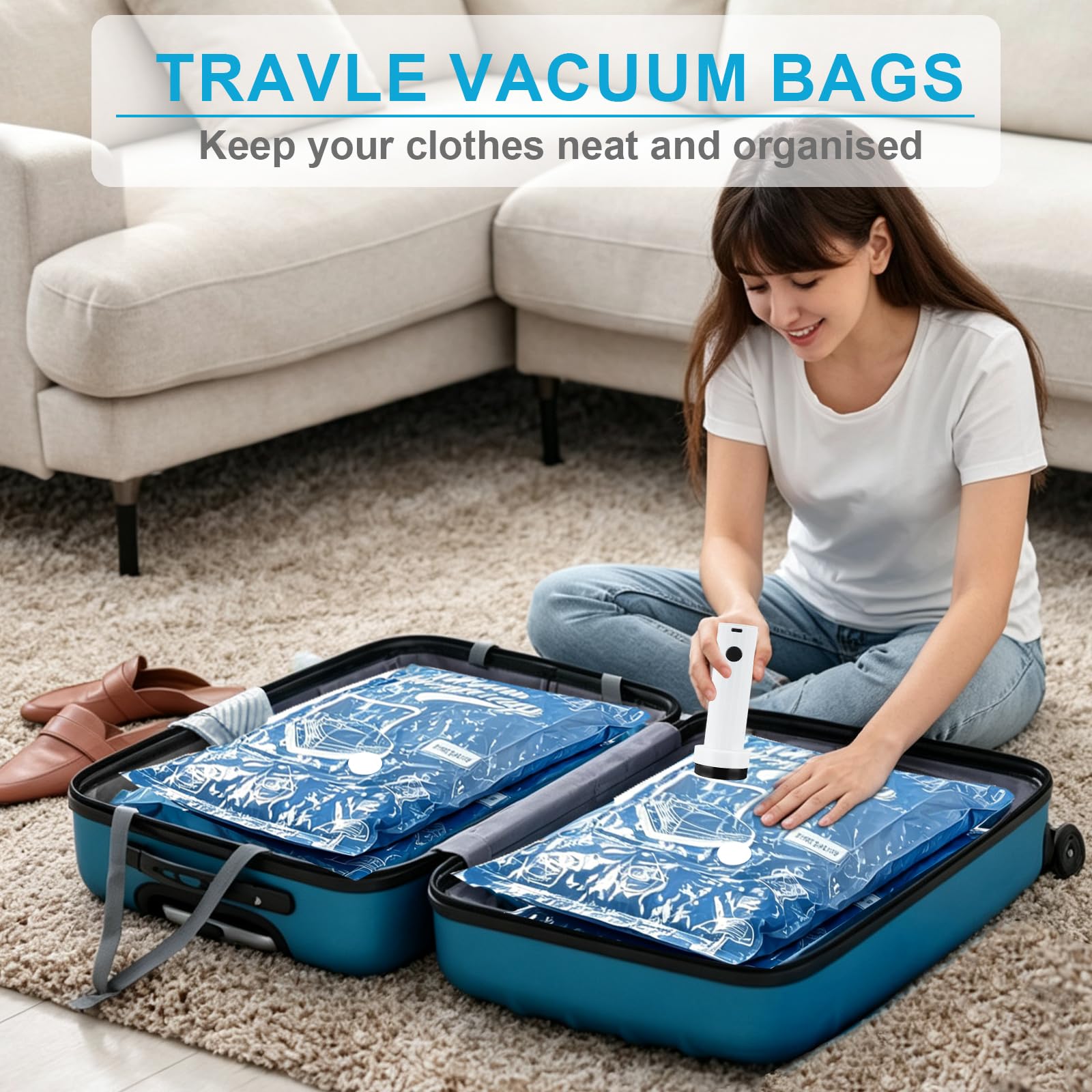20 bolsas de almacenamiento al vacío para ropa con bomba de vacío inalámbrica, 4 grandes de 54 x 74 cm + 8 medianas de 47 x 64 cm + 8 bolsas pequeñas de 40 x 54 cm para viajes de ropa, bolsas de