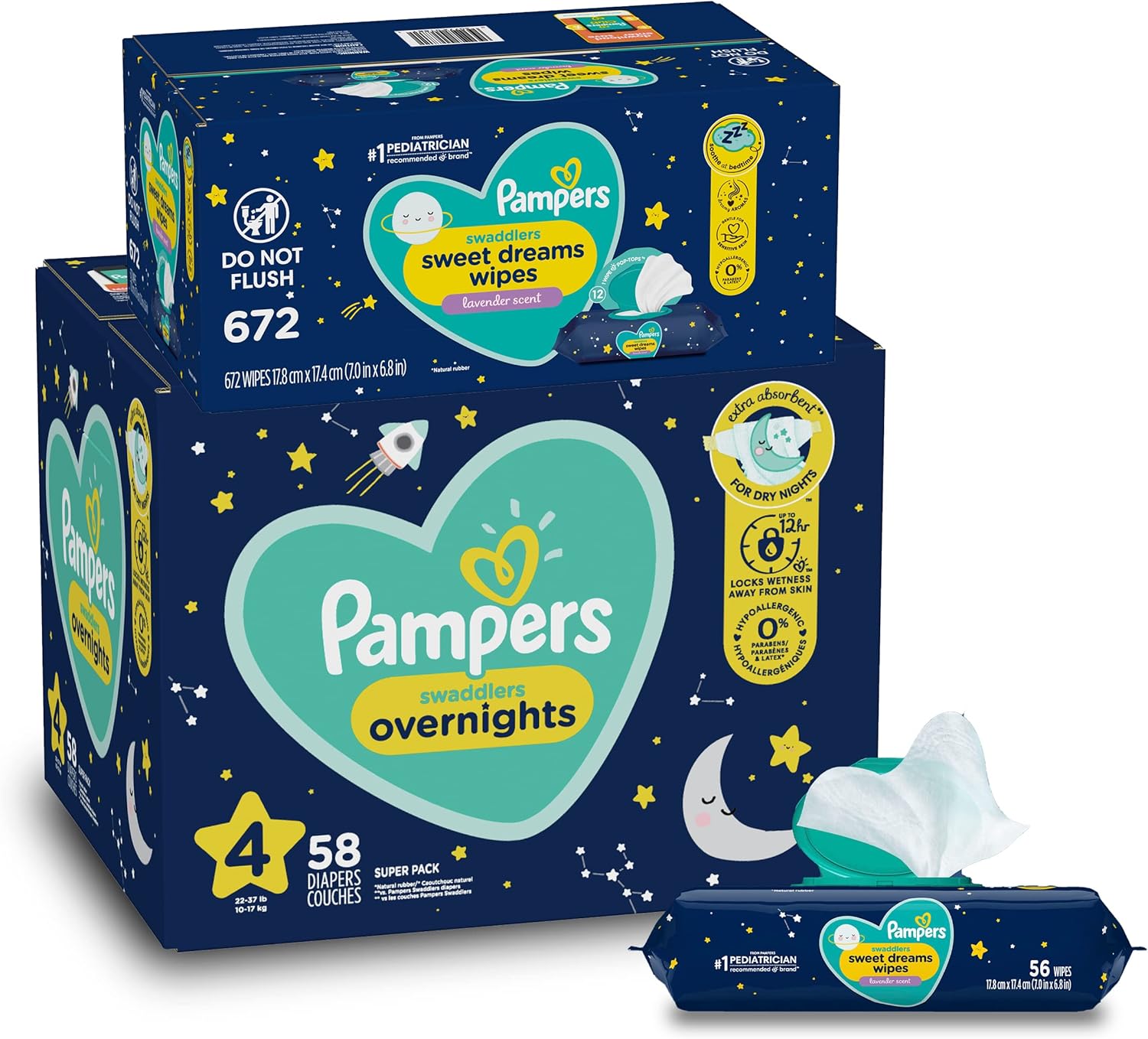 Overnight Diapers Size 4, 58 Count and Baby Wipes Pampers