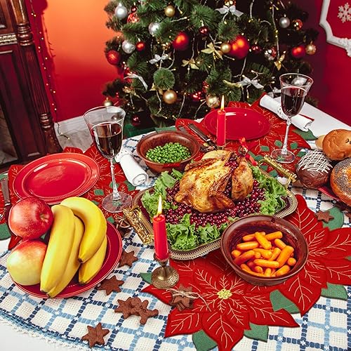 Miniatura 6 de Tudomro Juego de 12 manteles individuales y posavasos bordados de Navidad de 14 pulgadas, apliques rojos, lavables, manteles individuales de doble