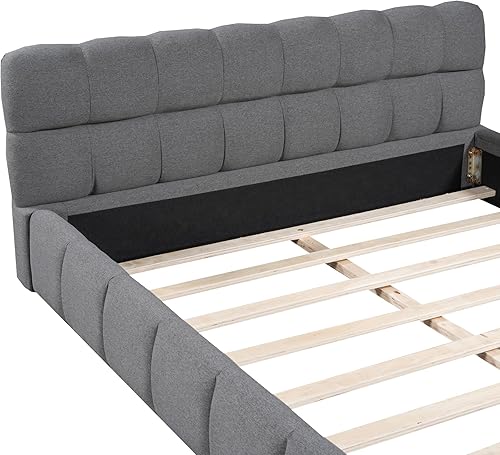 Miniatura 85 de Base de cama LED tapizada tamaño Queen, plataforma flotante de terciopelo con cabecero, MDF moderna y cama de madera contrachapada (beige-081)