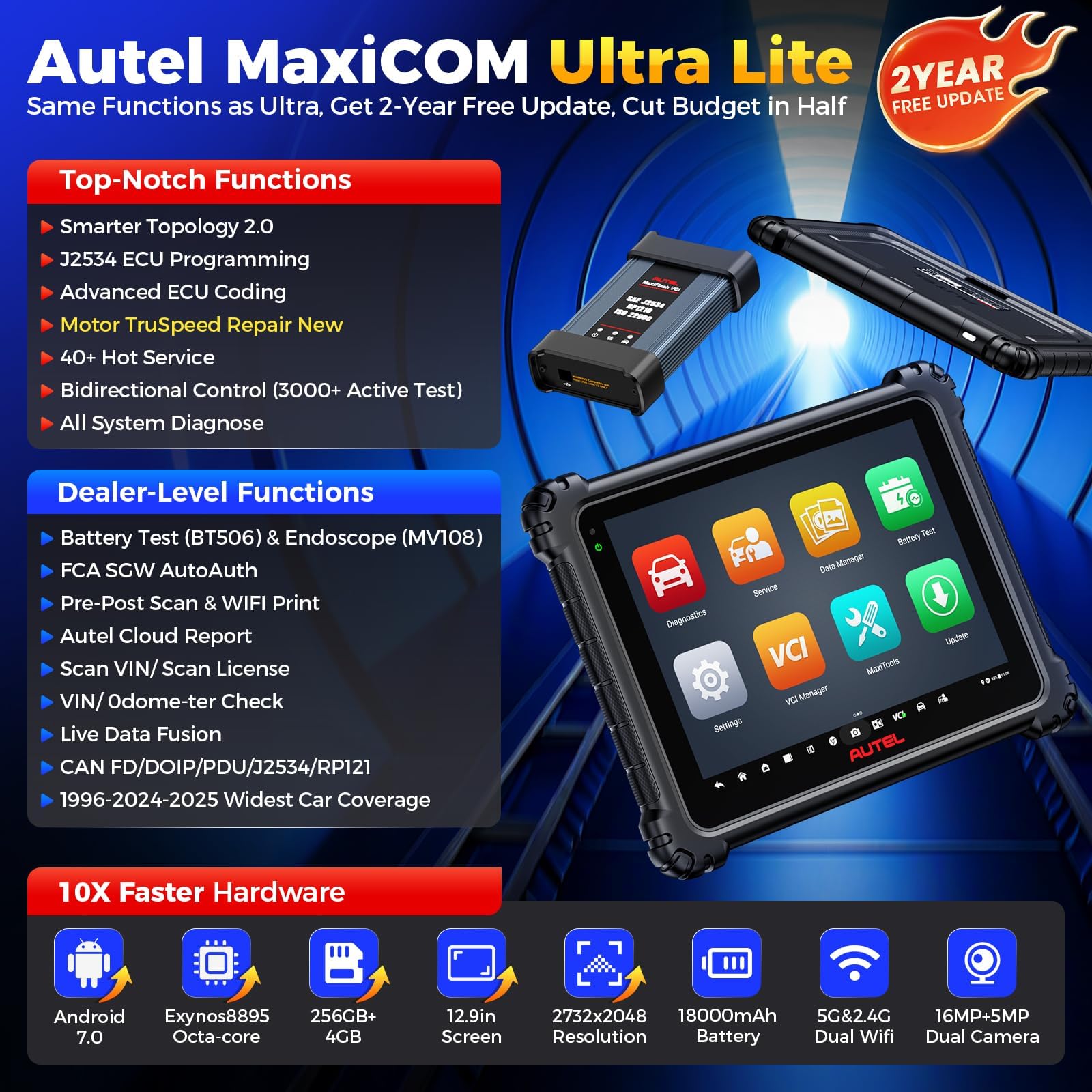 Autel MaxiCOM Ultra Lite Primera Diagnosis Coche, Actualizaciones 2 Años, Diagnóstico Inteligente de MS919 MS909 Elite II PRO, Topología 2.0, Programa & Codifica ECU, 3K+ Pruebas Activas, 40+ Servicio