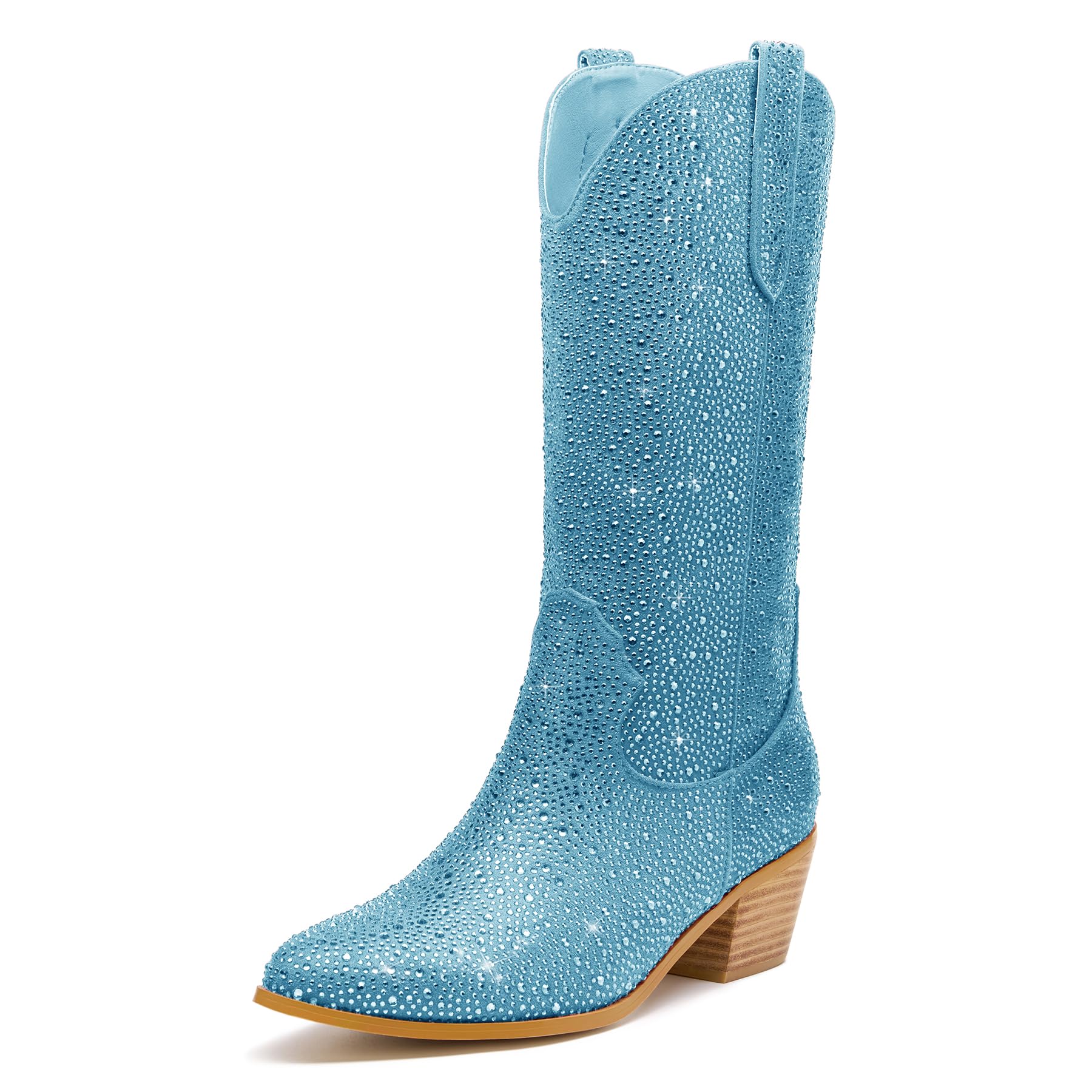 driceic Wide Calf Rhinestone Cowboy Boots Sparkly Cowgirl boots for Women Pointed Toe 2inch Chunky heels Pull On Tabs Shiny Glitter Fashion Party