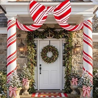 32x250 Inch Peppermint Christmas Giant Bow Christmas Outdoor Decor | Christmas Giant Bow with Long Streamers Big Candy Cane Bow for House Store Entrance Garage Door Front Door