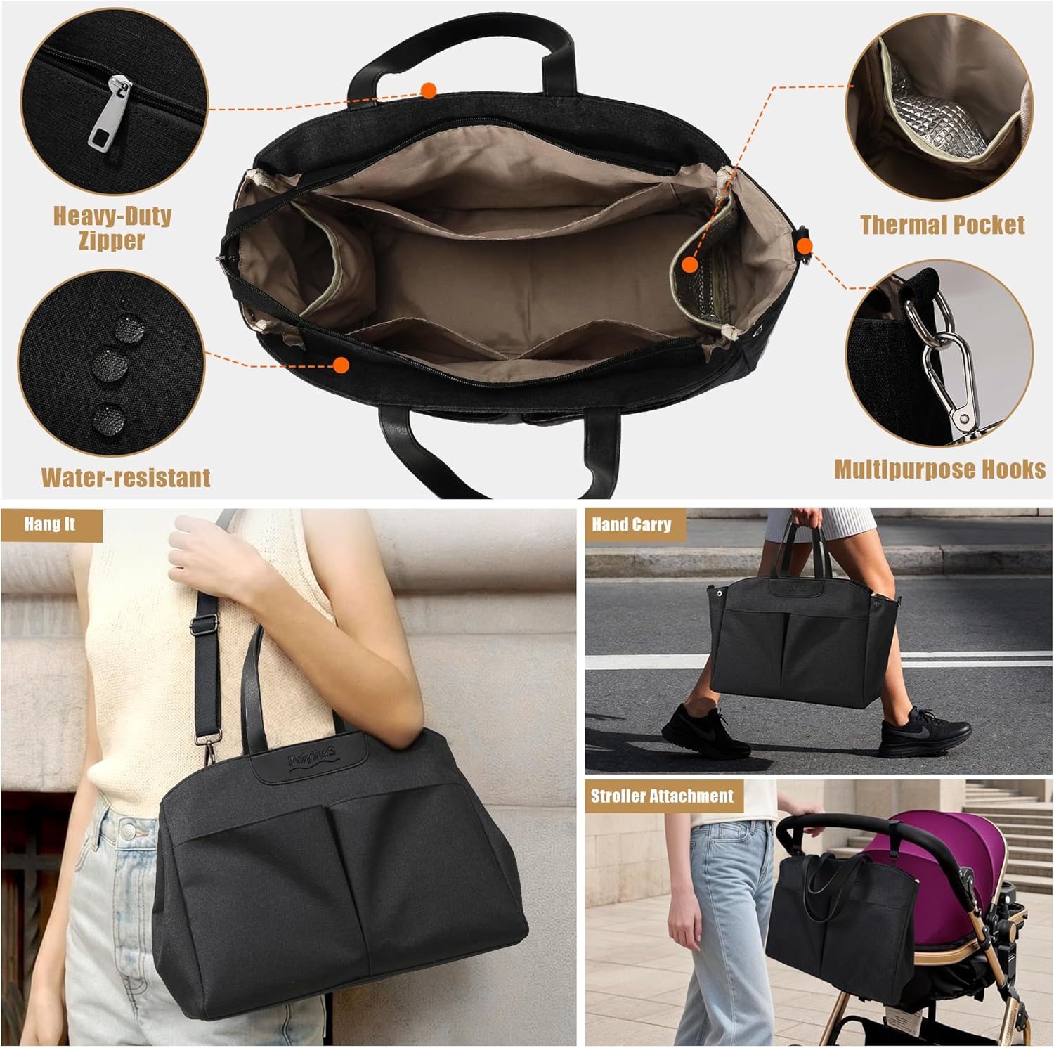 Large Tote Bag for Women, Lightweight Work Handbag with Cup Holder & Laptop Compartment, Spacious Travel Shoulder Bag for Office, Gym, College, Daily Commute (Heathered Black)