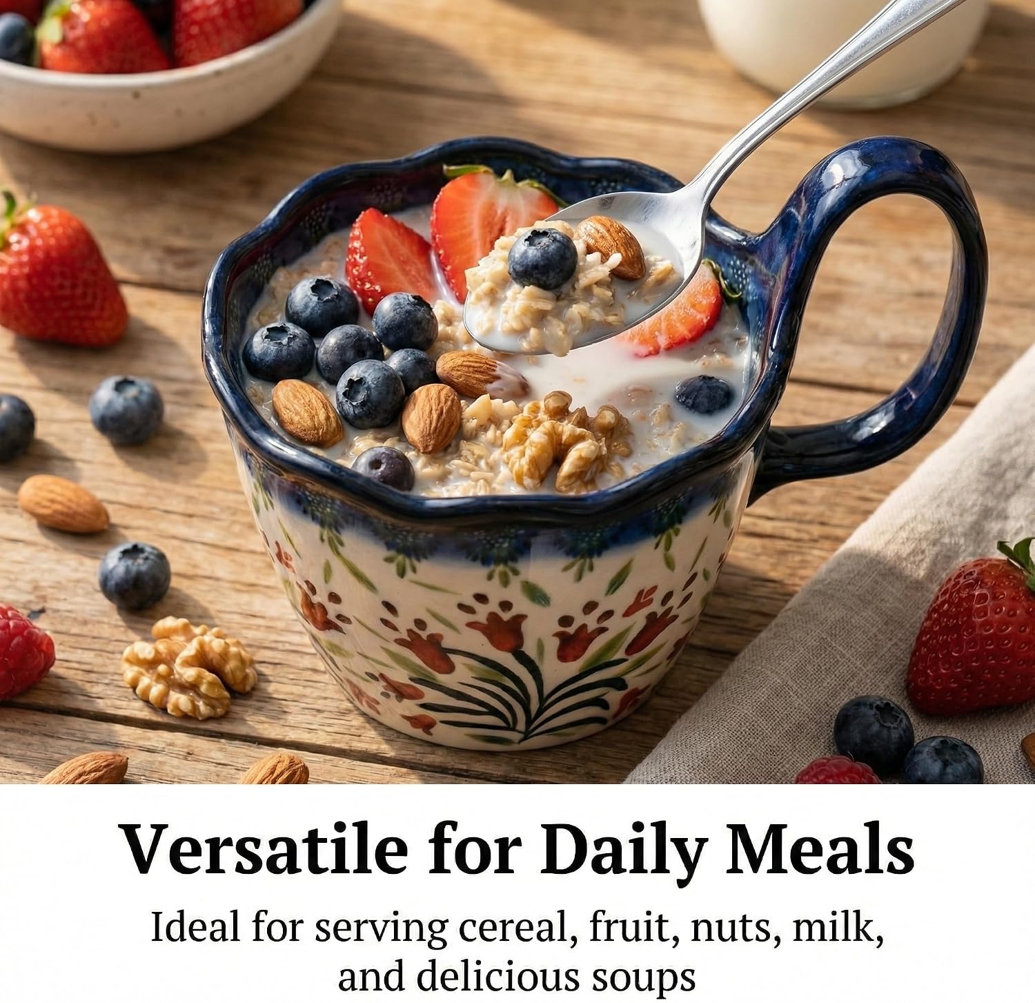 Ceramic Soup Bowl with Loop Handle, 13.5oz Floral Hand Painted Soup Mug for Coffee, Oatmeal & Cereal, Microwave Safe Porcelain Cup, Decorative Kitchen Gift for Women