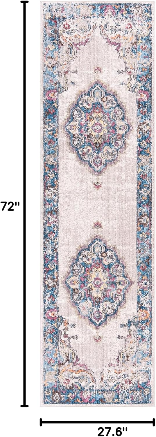 SAFAVIEH Bristol Collection Runner Rug - 2'3" x 6', Light Grey & Blue, Boho Chic Medallion Distressed Design, Non-Shedding & Easy Care, Ideal for High Traffic Areas in Living Room, Bedroom (BTL343A)