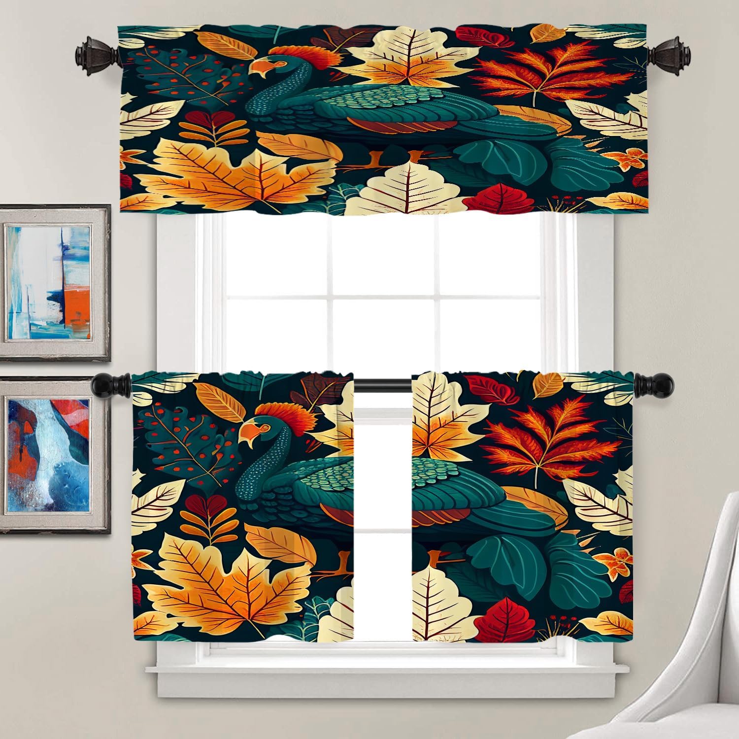 Batmerry Turquoise Thanksgiving Turkey Tier Curtains, Autumn Berries Leaves Window Treatment Short Kitchen Curtain Multilayer Polyester Blackout for Living Room/Bathroom, 2 Pack 26x24 inches