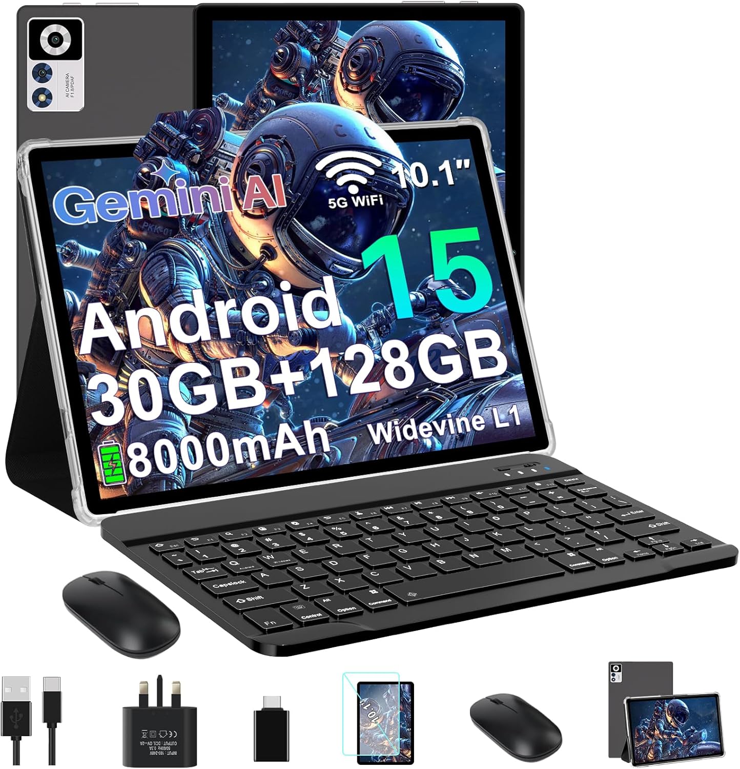 Tablet 10 Inch Android 15, 30GB RAM+128GB ROM (TF 2TB), 5G WiFi Tablets,Gemini AI/Widevine L1/8000 mAh/Octa-Core 2.0 GHz/Bluetooth 5.0/GPS/Face ID/8+5MP/2-in-1 Tablet with Keyboard and Mouse – Black