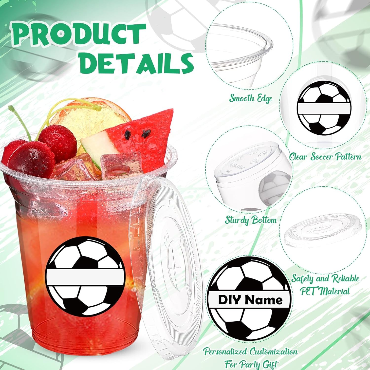 50 Sets Soccer Cups with Lids and Paper Straws Bulk for Party Decorations 12 oz Disposable Plastic Soccer Cups for Drinking Coffee Milkshake Beverage Football Birthday Party Supplies - Image 3