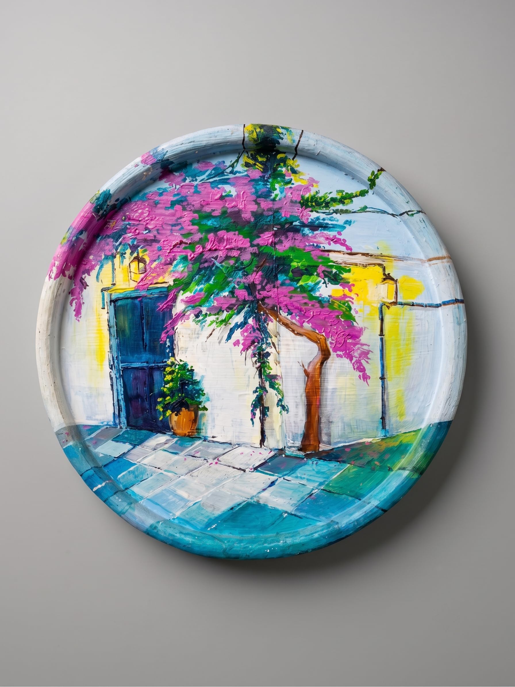Handcrafted Round Wooden Wall Art | Mediterranean Door & Bougainvillea Hand-Painted Wooden Wall Hanging | Rustic Home Decor | Handmade Wooden Slice Painting | Living Room & Bedroom Decoration-image-26
