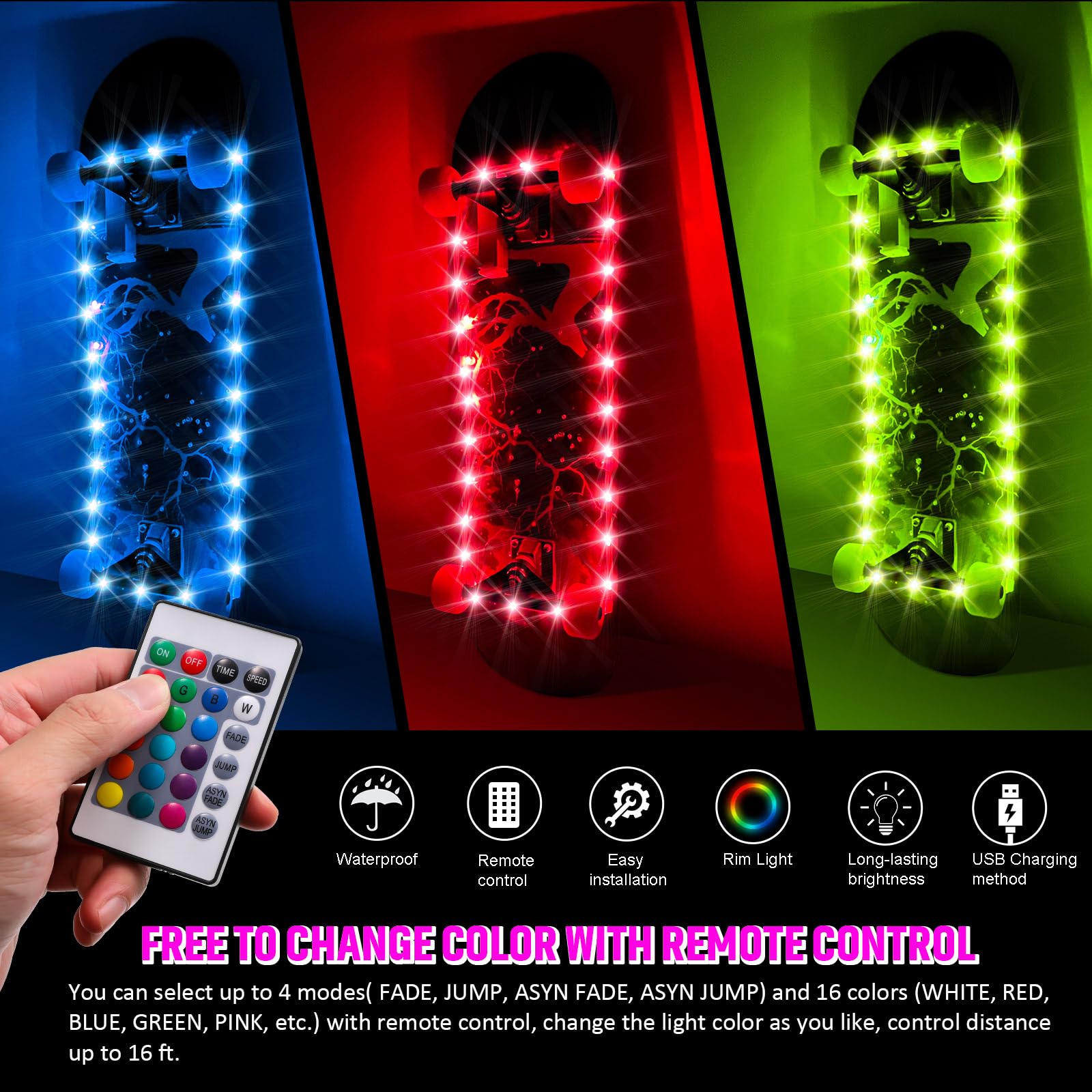 Versión de carga USB mejorada: luz LED para patineta, luz de borde de monopatín con control remoto, 16 cambios de color, libre de cambios de baterías, impermeable, a prueba de golpes, súper brillante 3